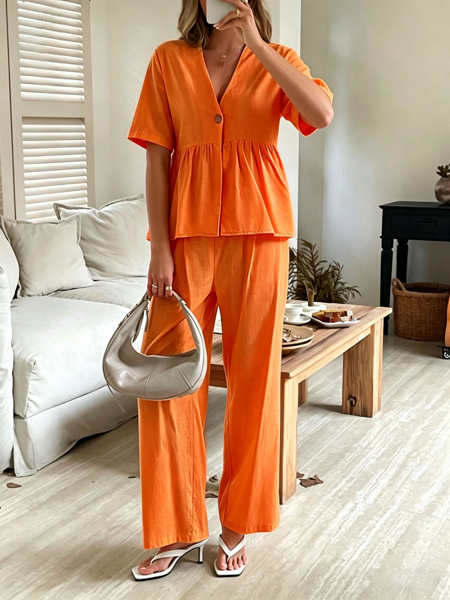 Linea Soft Set – Basque Blouse &amp; Wide Linen Cotton Pants