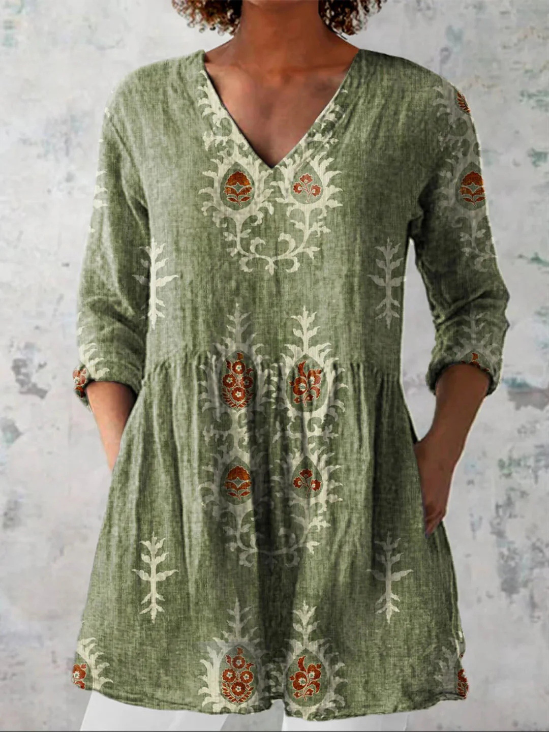 Summer Casual Printed Loose-Fit V-Neck Slub Linen Dress