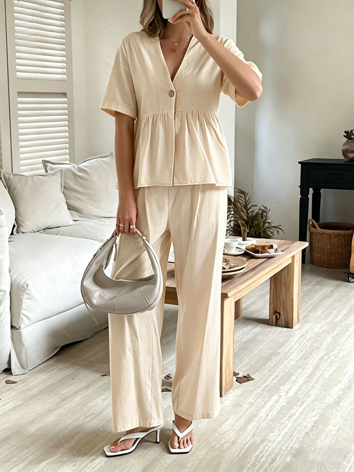 Linea Soft Set – Basque Blouse &amp; Wide Linen Cotton Pants