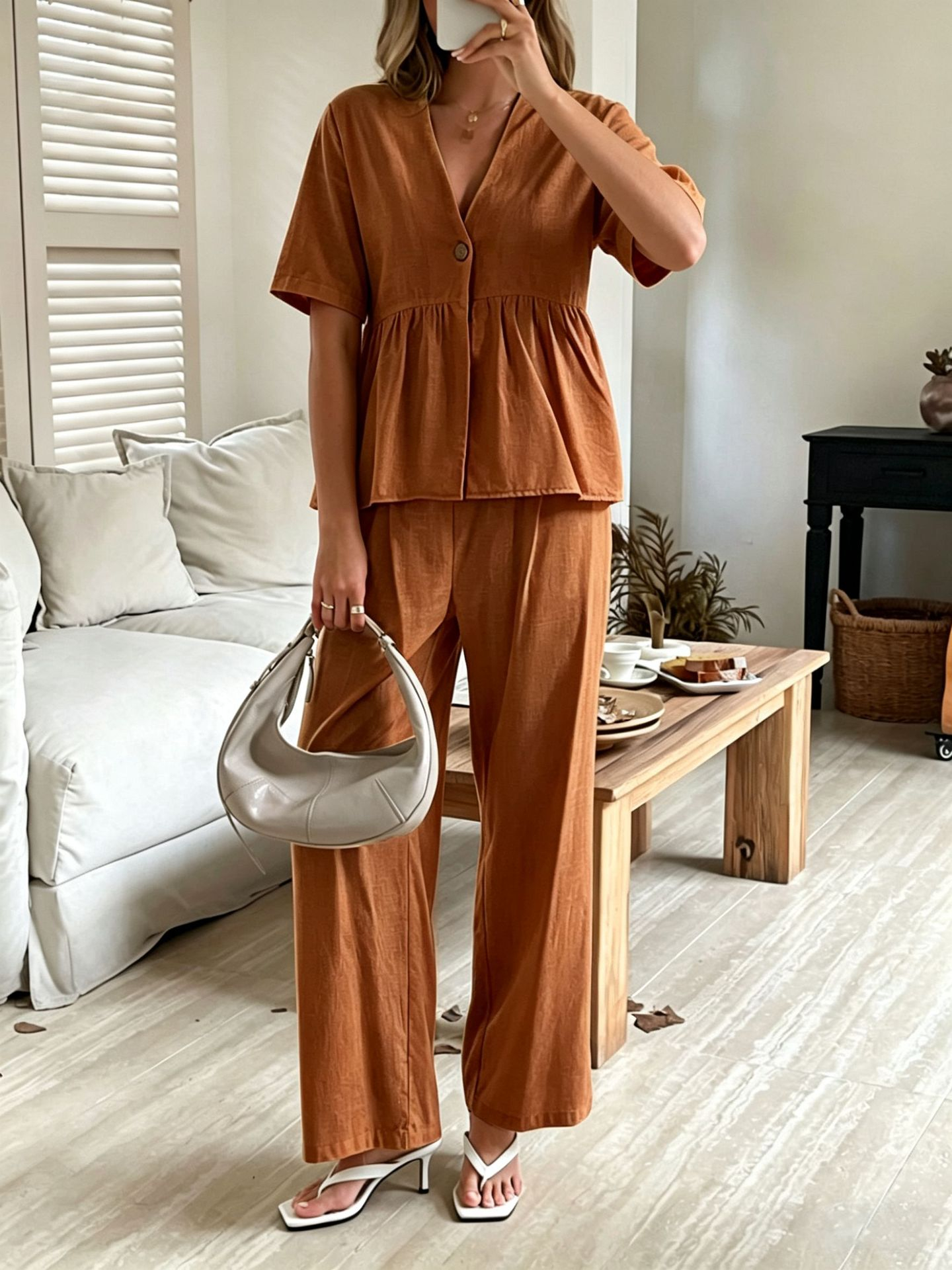 Linea Soft Set – Basque Blouse &amp; Wide Linen Cotton Pants