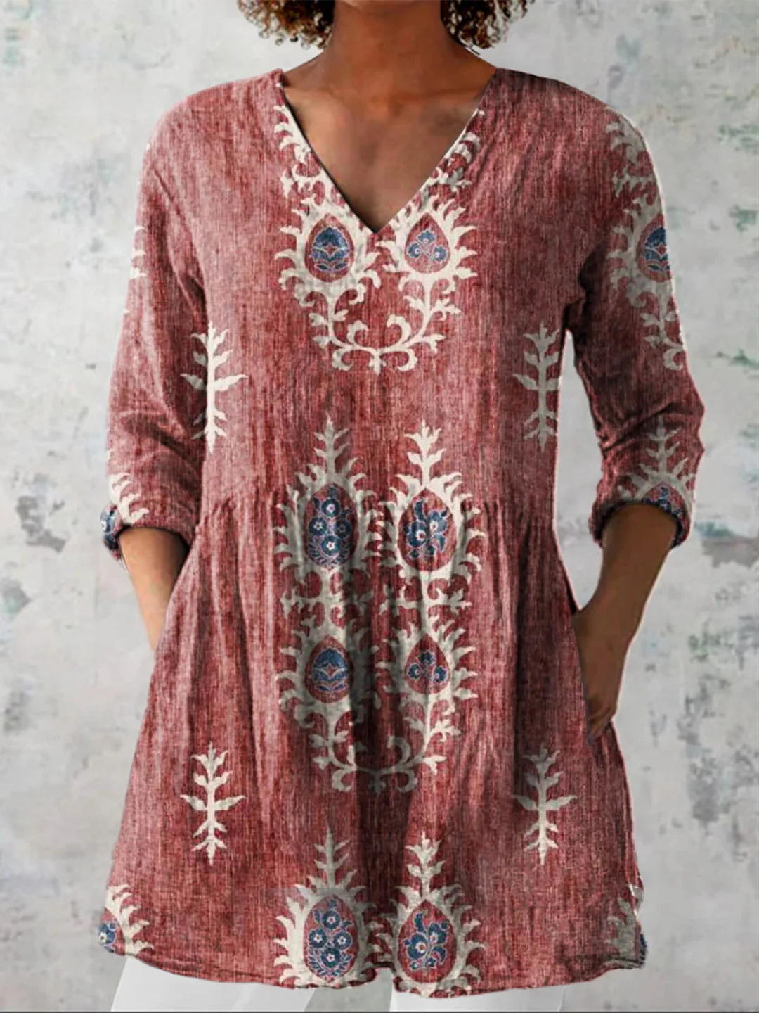 Summer Casual Printed Loose-Fit V-Neck Slub Linen Dress