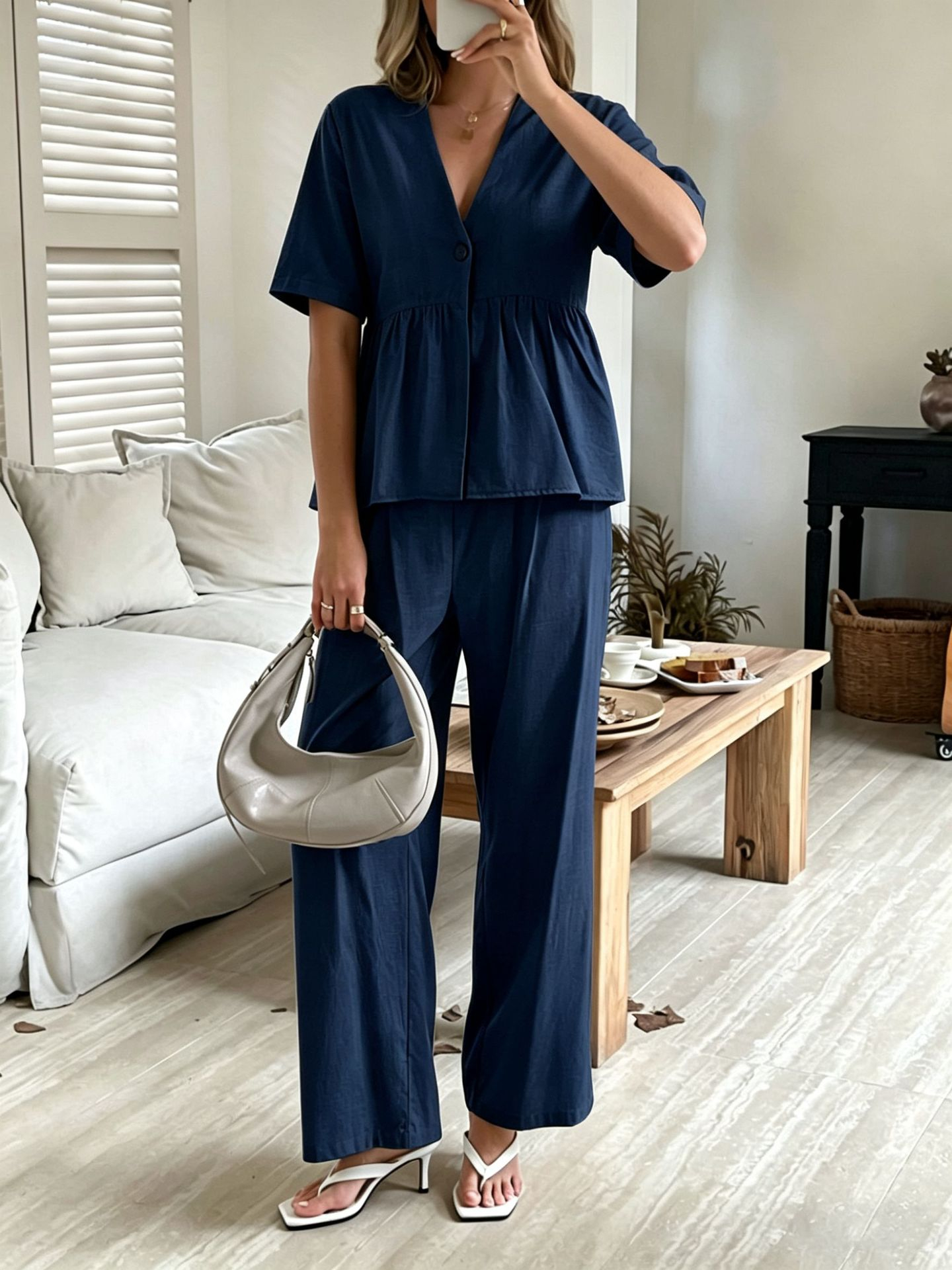 Linea Soft Set – Basque Blouse &amp; Wide Linen Cotton Pants