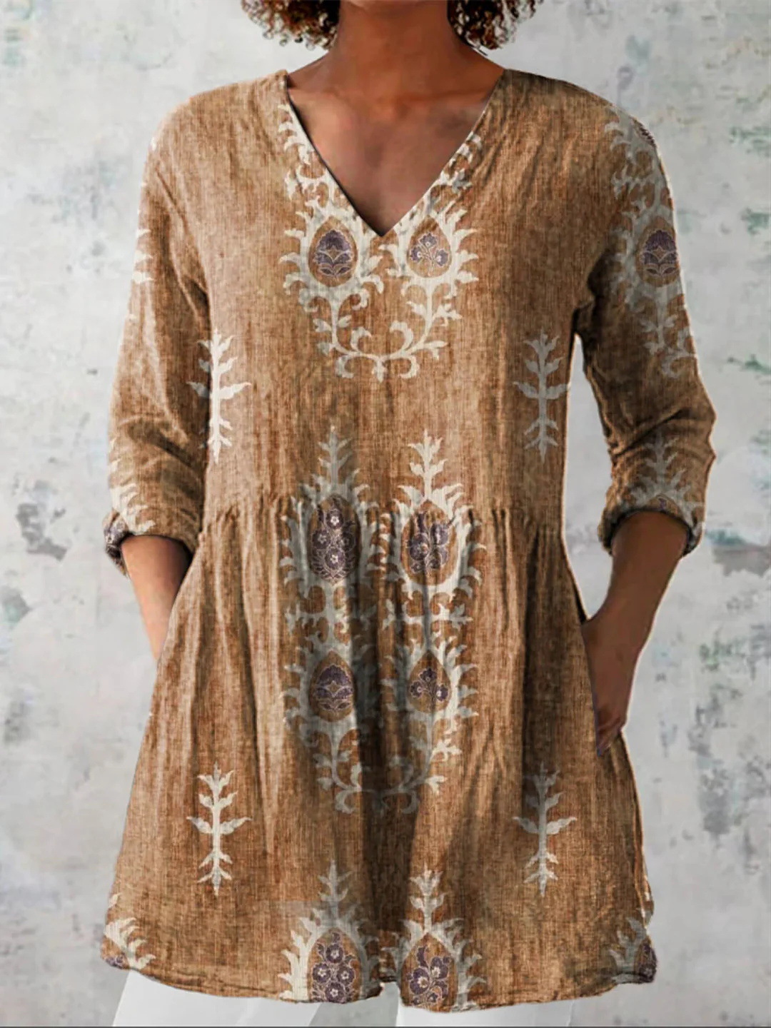 Summer Casual Printed Loose-Fit V-Neck Slub Linen Dress