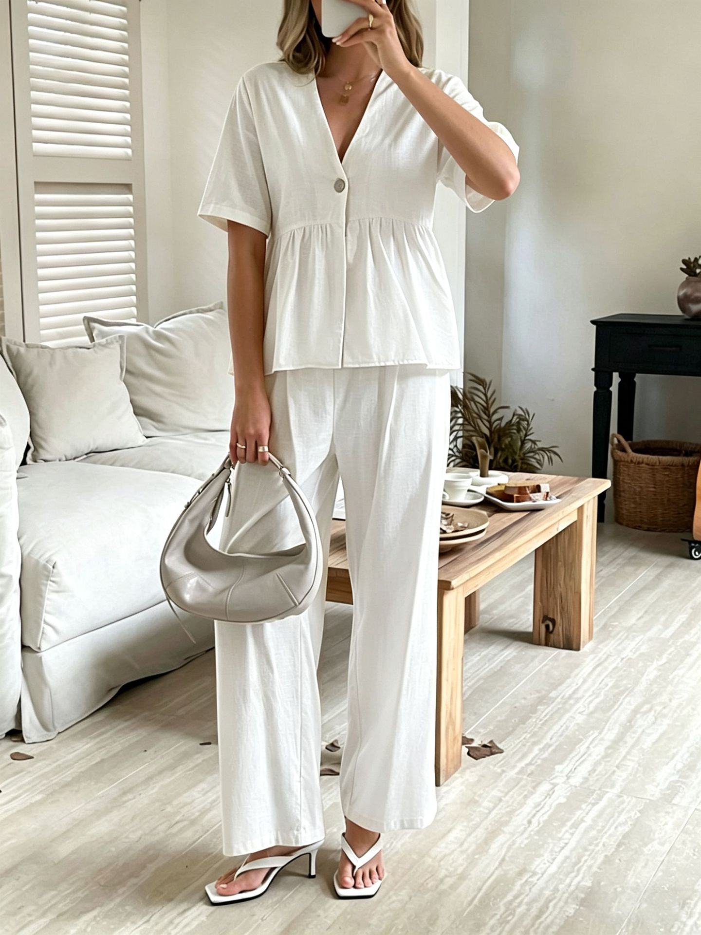 Linea Soft Set – Basque Blouse &amp; Wide Linen Cotton Pants