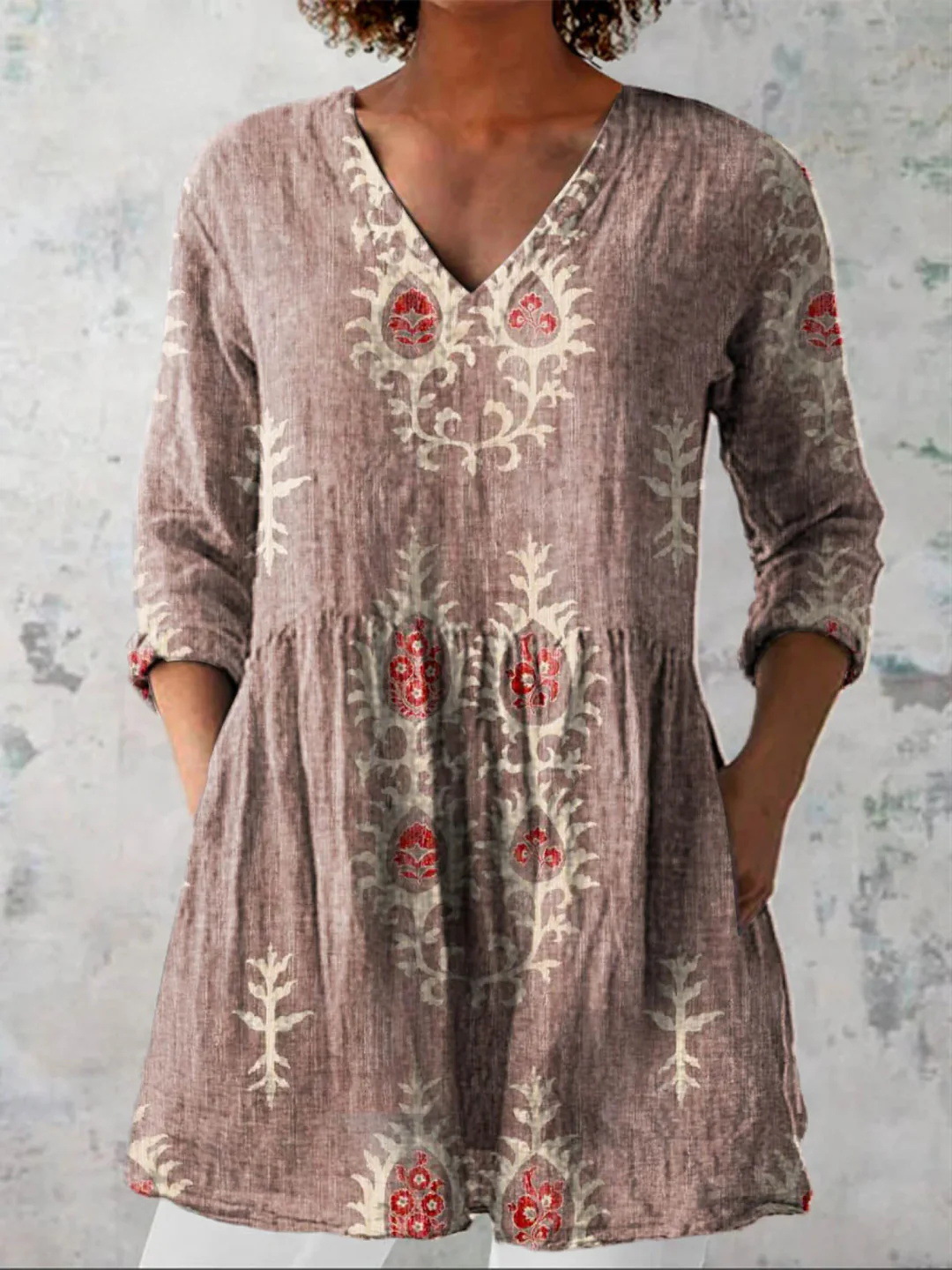 Summer Casual Printed Loose-Fit V-Neck Slub Linen Dress