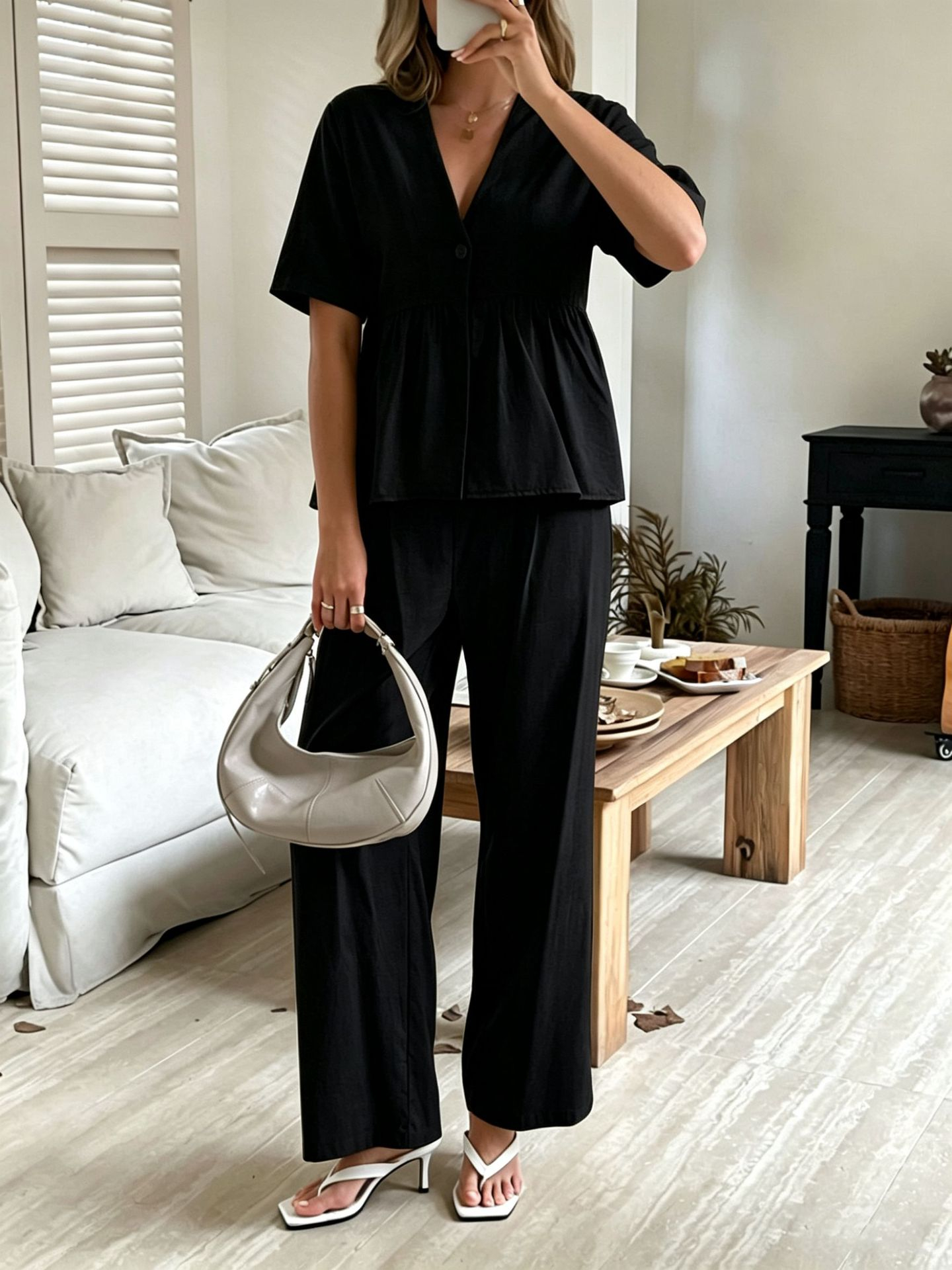 Linea Soft Set – Basque Blouse &amp; Wide Linen Cotton Pants