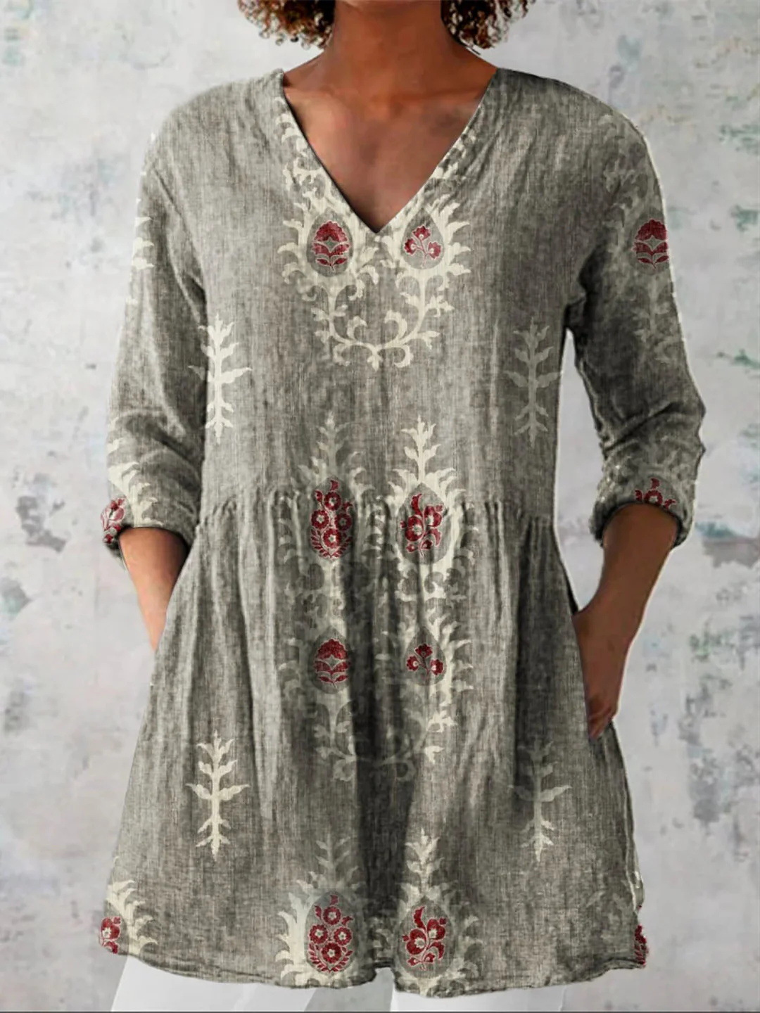 Summer Casual Printed Loose-Fit V-Neck Slub Linen Dress