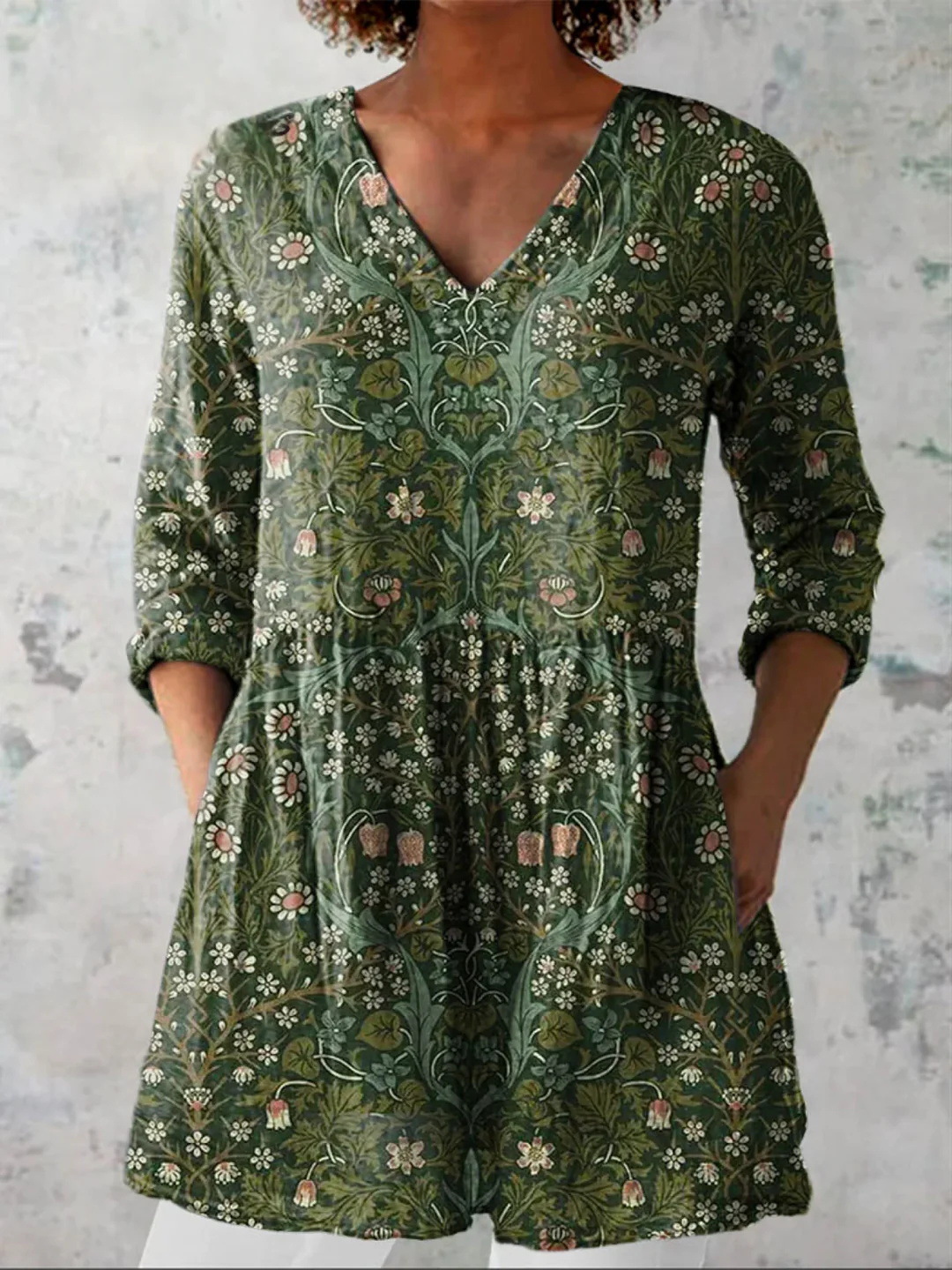 Summer Casual Printed Loose-Fit V-Neck Slub Linen Dress