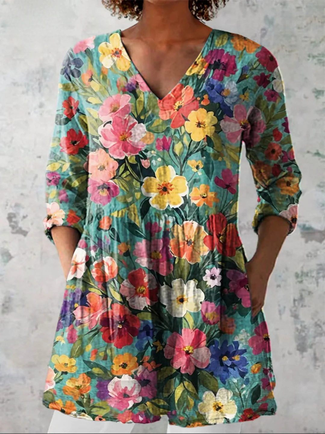Summer Casual Printed Loose-Fit V-Neck Slub Linen Dress