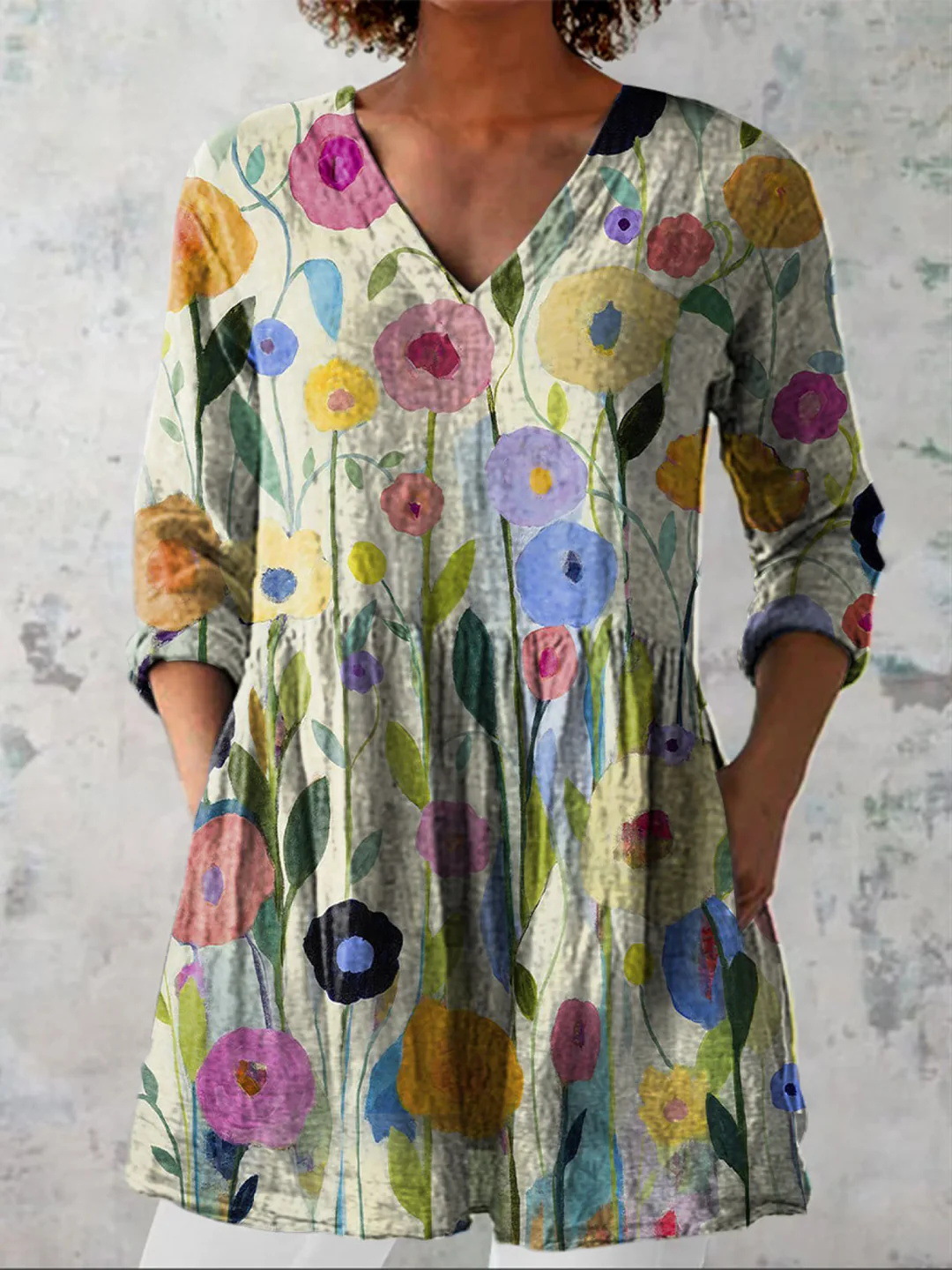 Summer Casual Printed Loose-Fit V-Neck Slub Linen Dress
