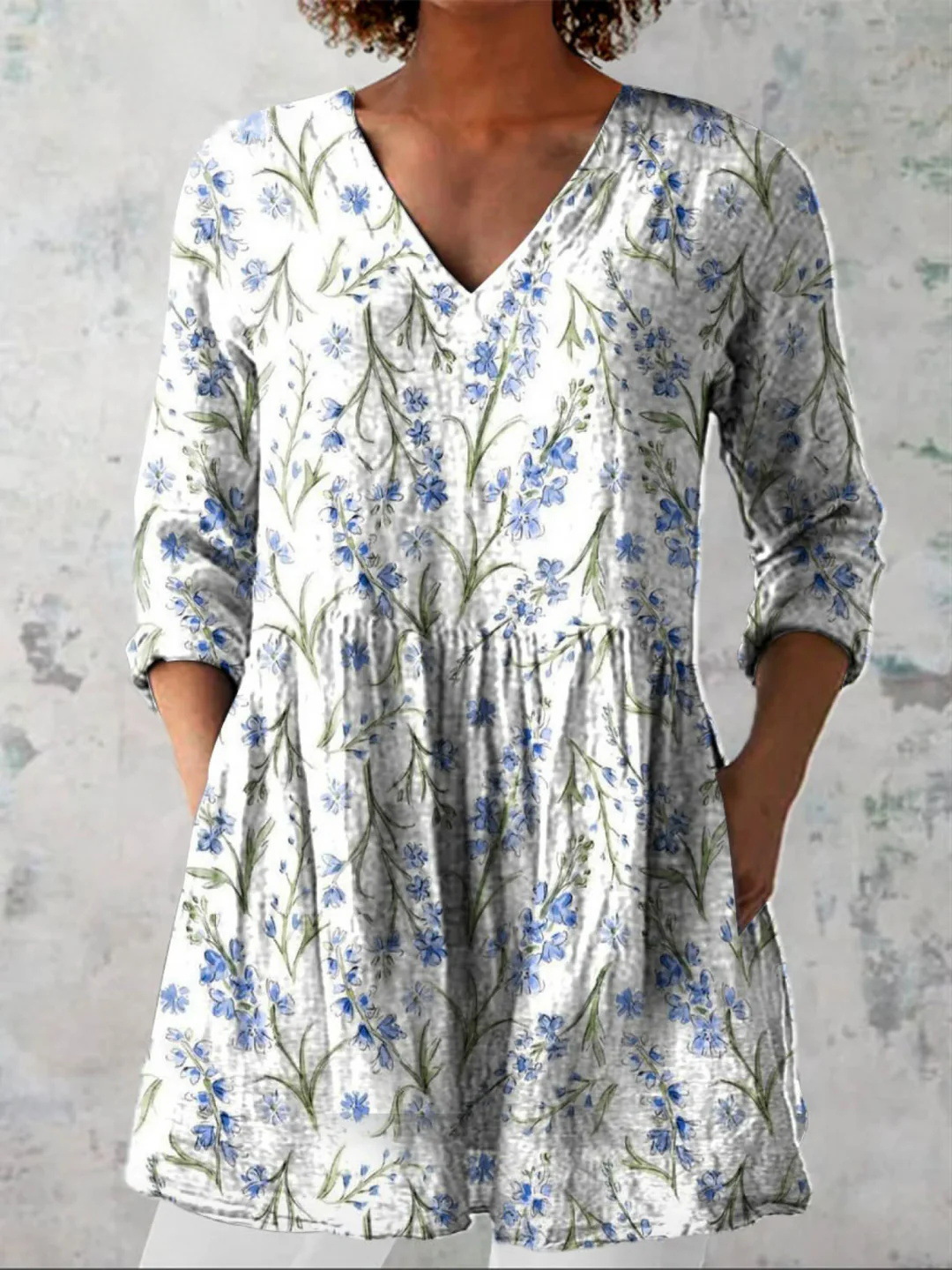 Summer Casual Printed Loose-Fit V-Neck Slub Linen Dress