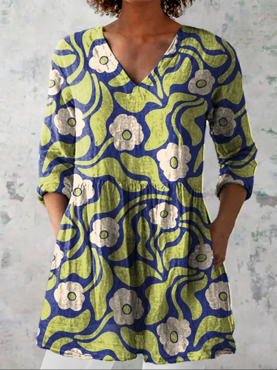 Summer Casual Printed Loose-Fit V-Neck Slub Linen Dress