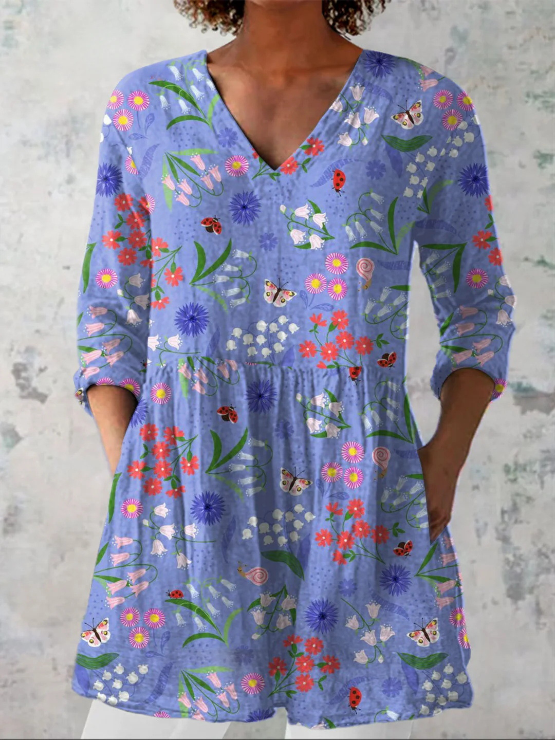 Summer Casual Printed Loose-Fit V-Neck Slub Linen Dress