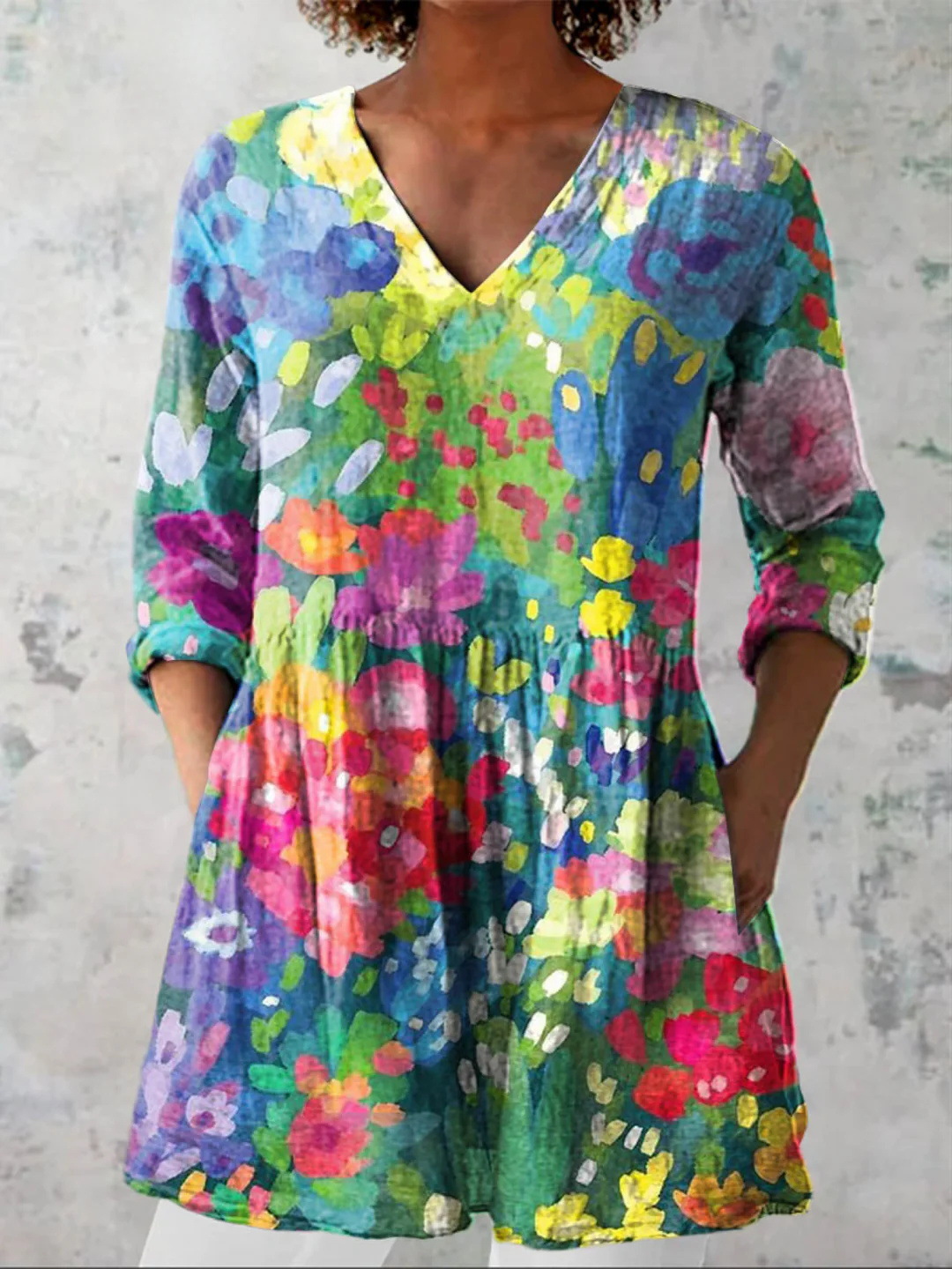 Summer Casual Printed Loose-Fit V-Neck Slub Linen Dress