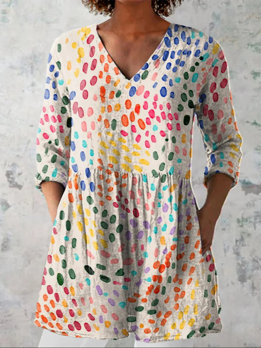 Summer Casual Printed Loose-Fit V-Neck Slub Linen Dress