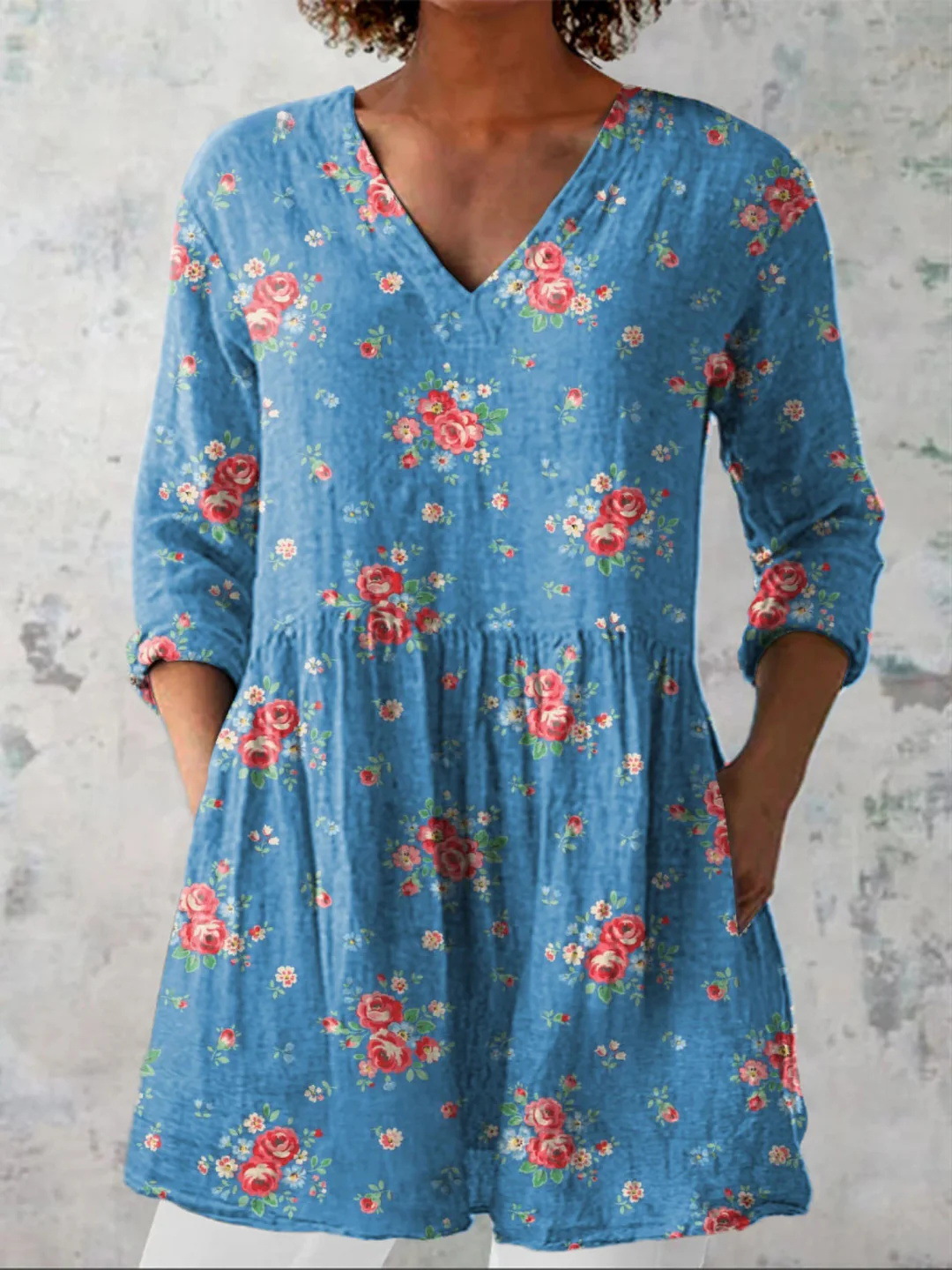 Summer Casual Printed Loose-Fit V-Neck Slub Linen Dress