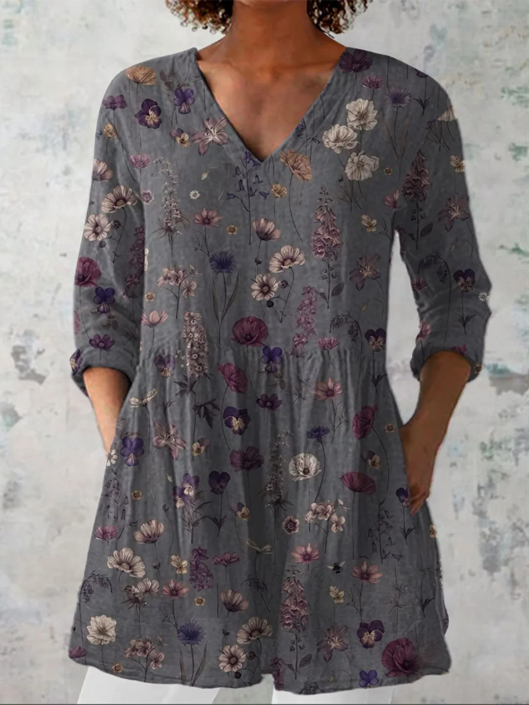 Summer Casual Printed Loose-Fit V-Neck Slub Linen Dress
