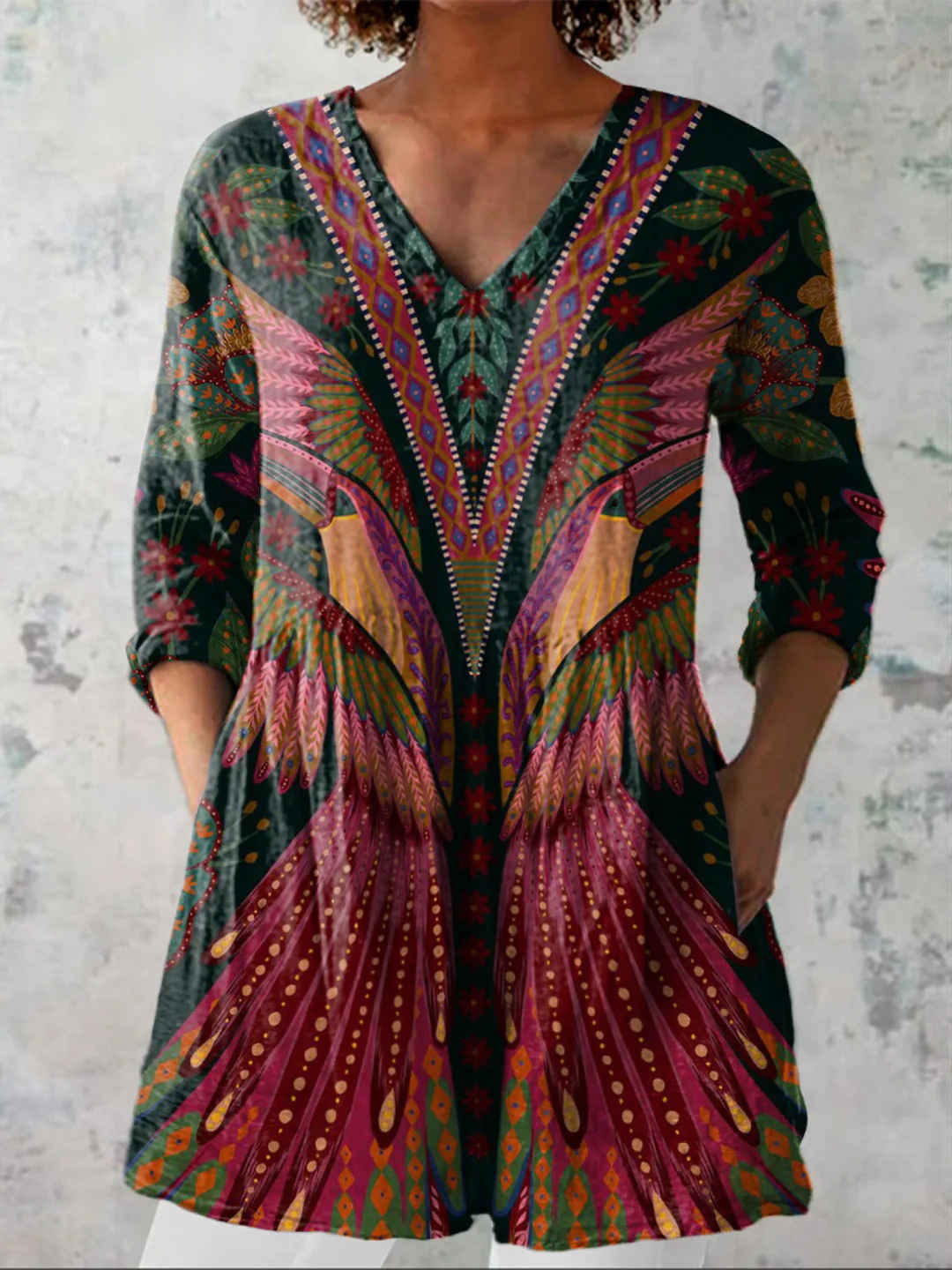 Summer Casual Printed Loose-Fit V-Neck Slub Linen Dress