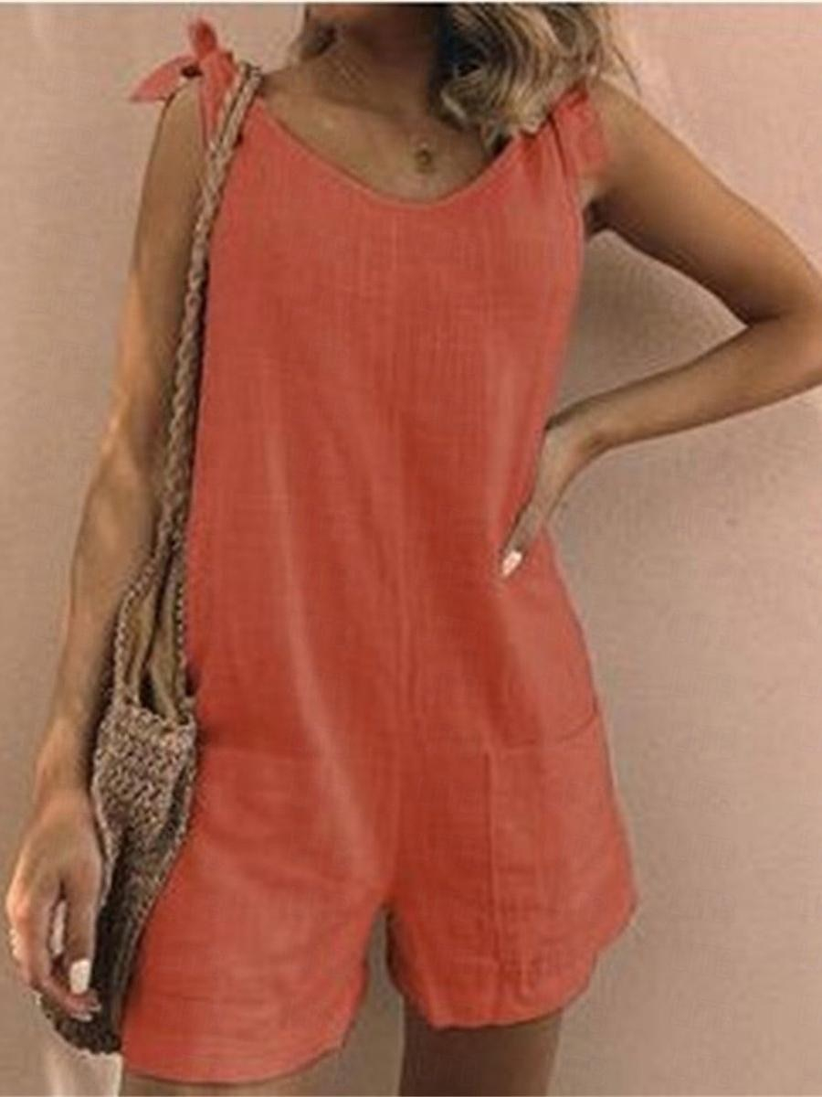 Women Overalls Romper Casual Sleeveless Knot Tie Strap Jumpsuits Shorts Solid Color Summer Beach Outfits with Pockets