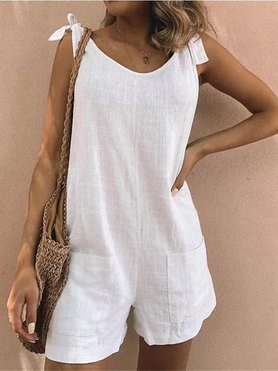 Women Overalls Romper Casual Sleeveless Knot Tie Strap Jumpsuits Shorts Solid Color Summer Beach Outfits with Pockets
