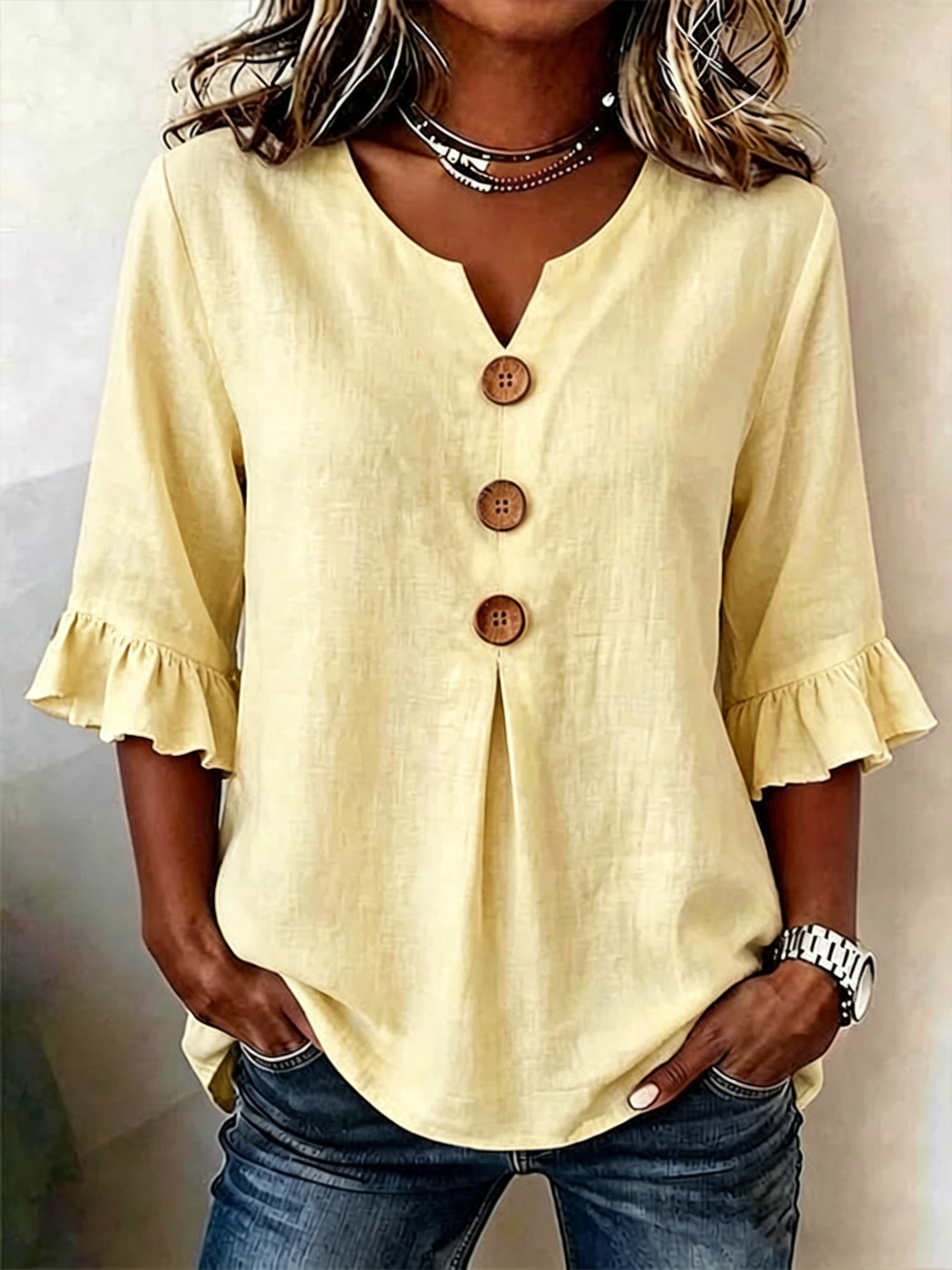 Women's Half Sleeve Blouse Summer White Plain Peplum V Neck Daily Going Out Vintage Top