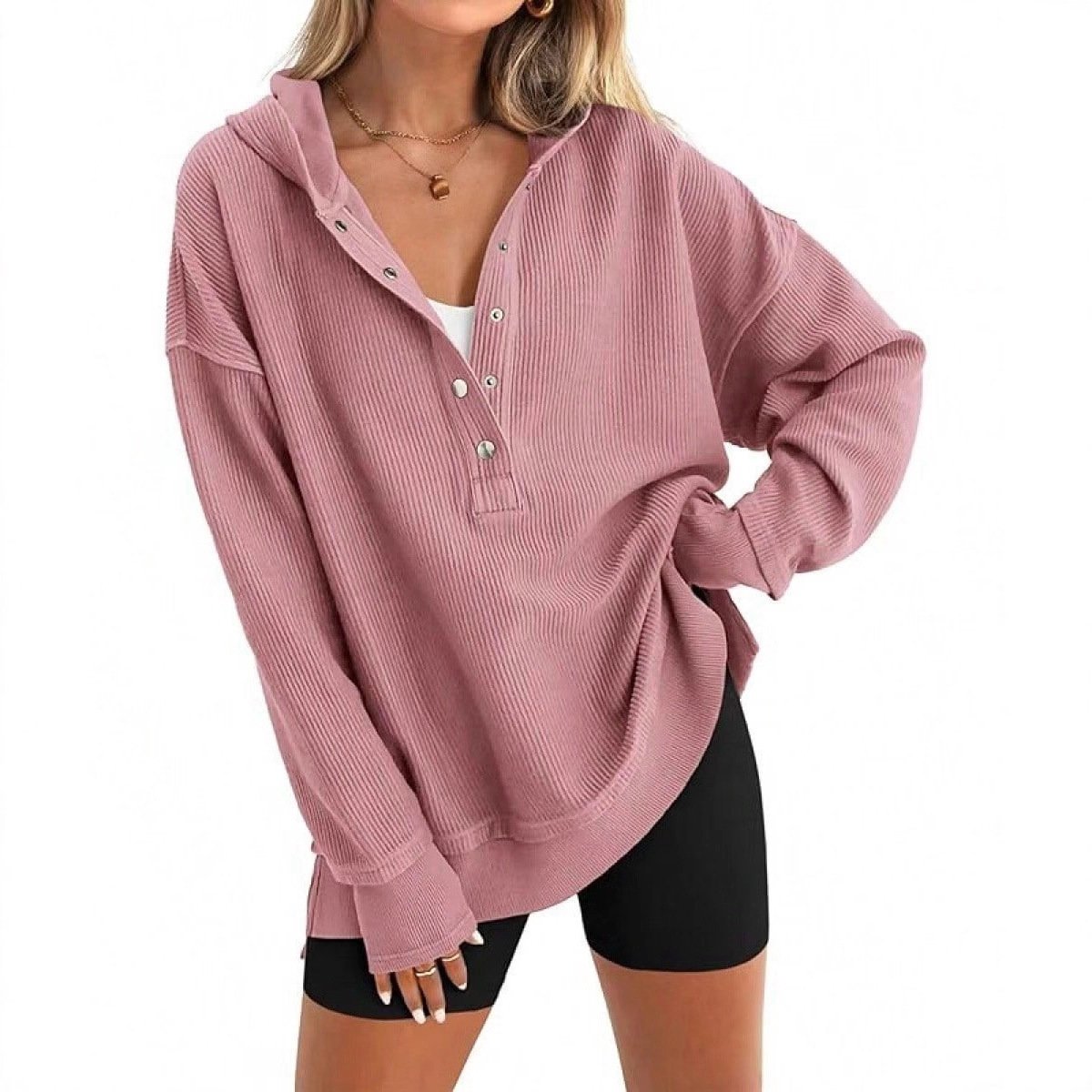 PrettyGarden Womens Fashion Long Sleeve Hoodie Oversized V Neck Sweatshirt Side Slit Casual Pullover Tops-Womenswear