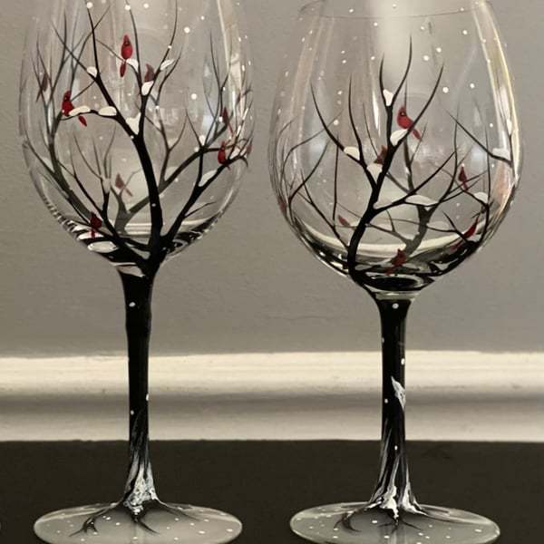 Hand Painted Art - Four Seasons Tree Wine Glasses