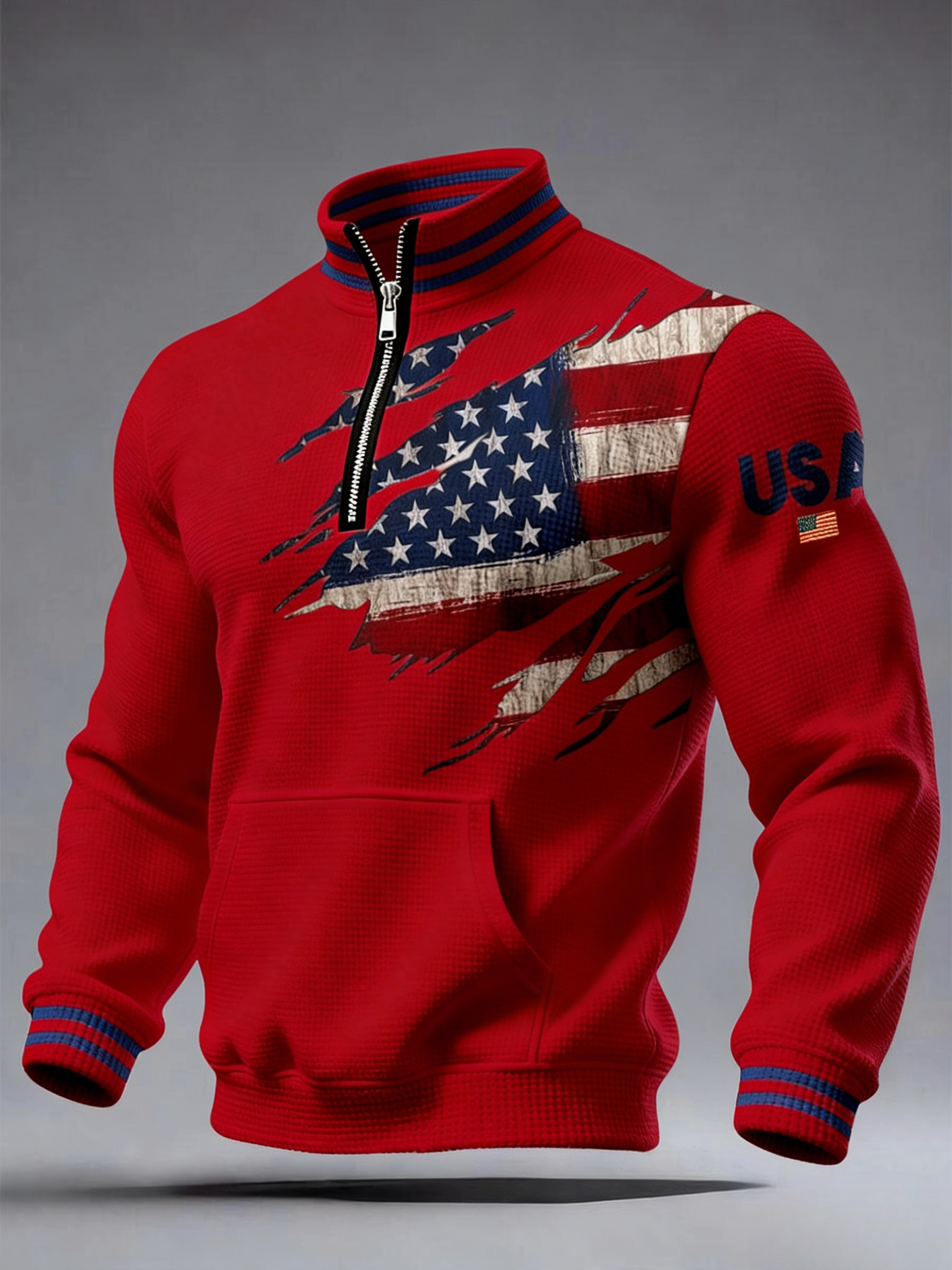 Anniversary Casual Printed Stand Collar Zip Waffle Sweatshirt