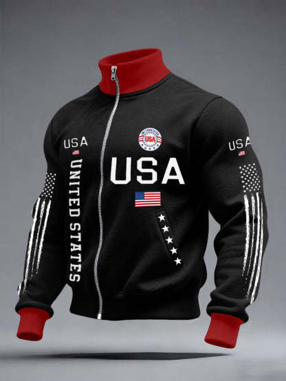 Men’s Stars and Stripes Jacket – American Style Zip-Up Outerwear