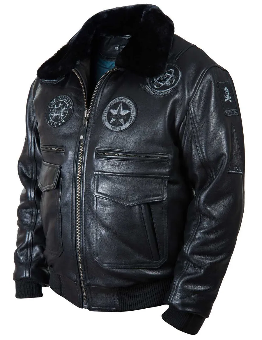 TOP GUN JOLLY ROGERS FLIGHT LEATHER JACKET BLACK