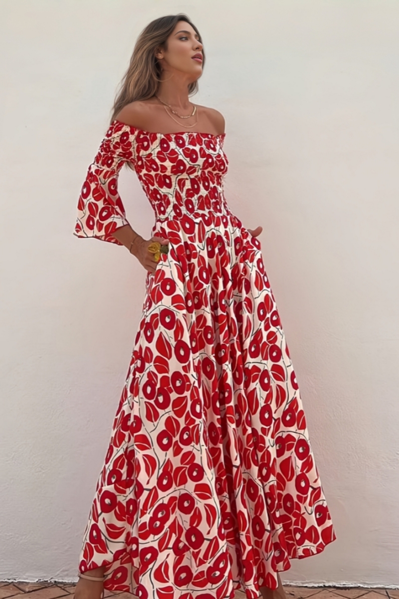 Elerie Floral Print Smocked Off Shoulder Maxi Dress