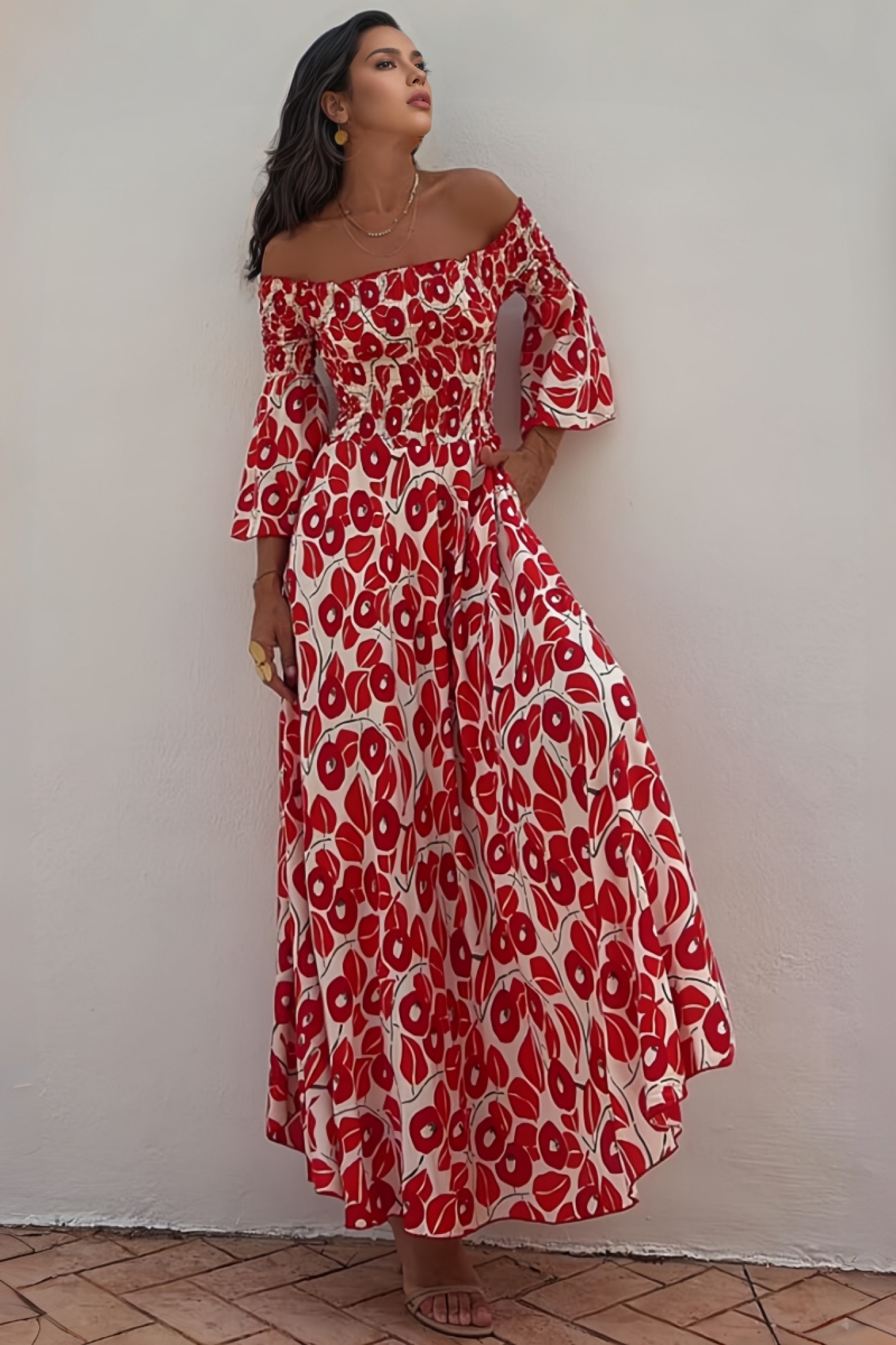 Elerie Floral Print Smocked Off Shoulder Maxi Dress