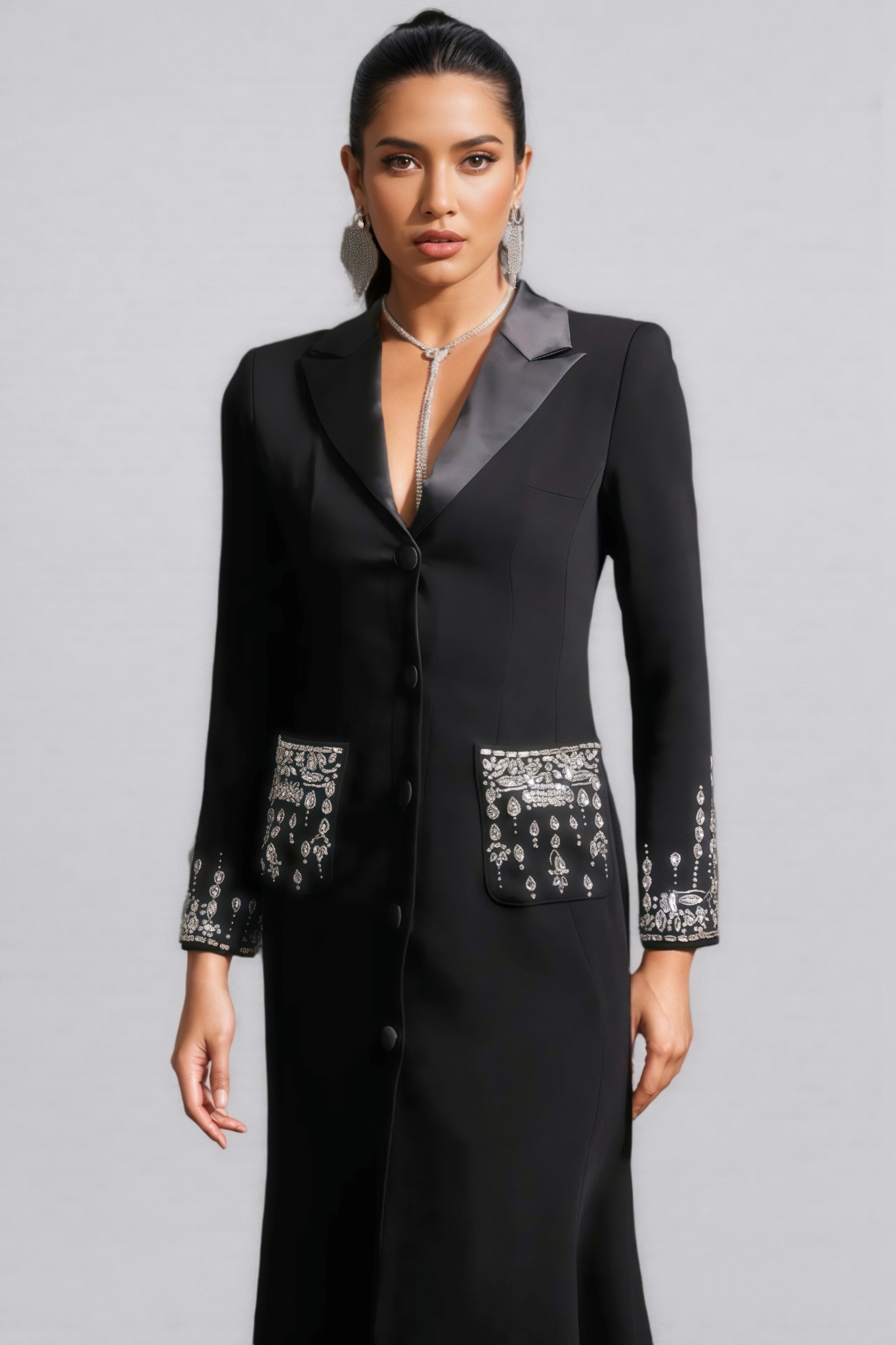 Zeno Deep-V Diamond Suit High Slit Maxi Dress