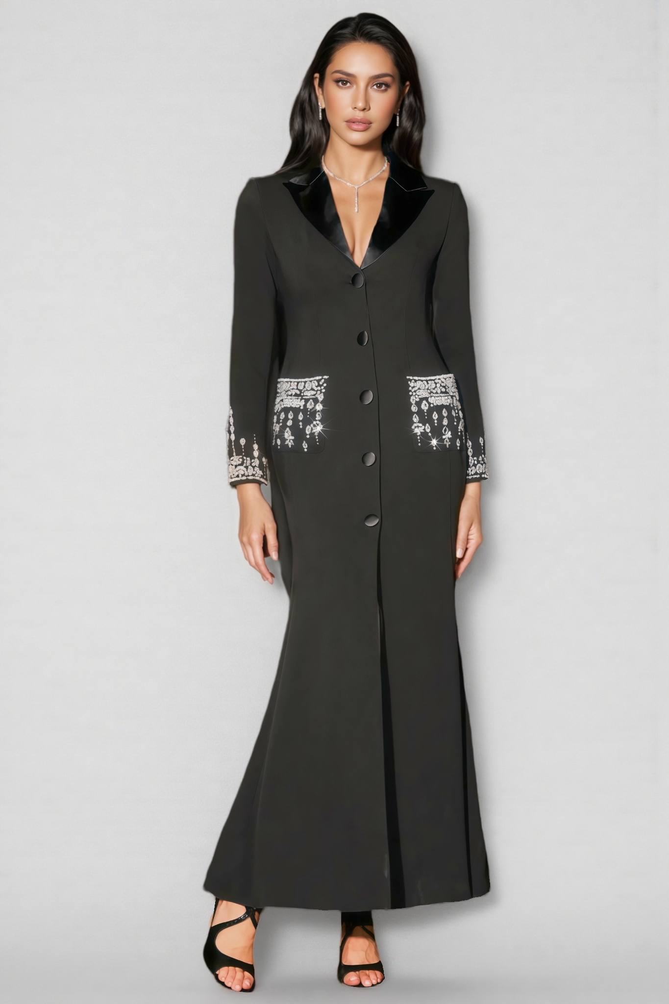 Zeno Deep-V Diamond Suit High Slit Maxi Dress