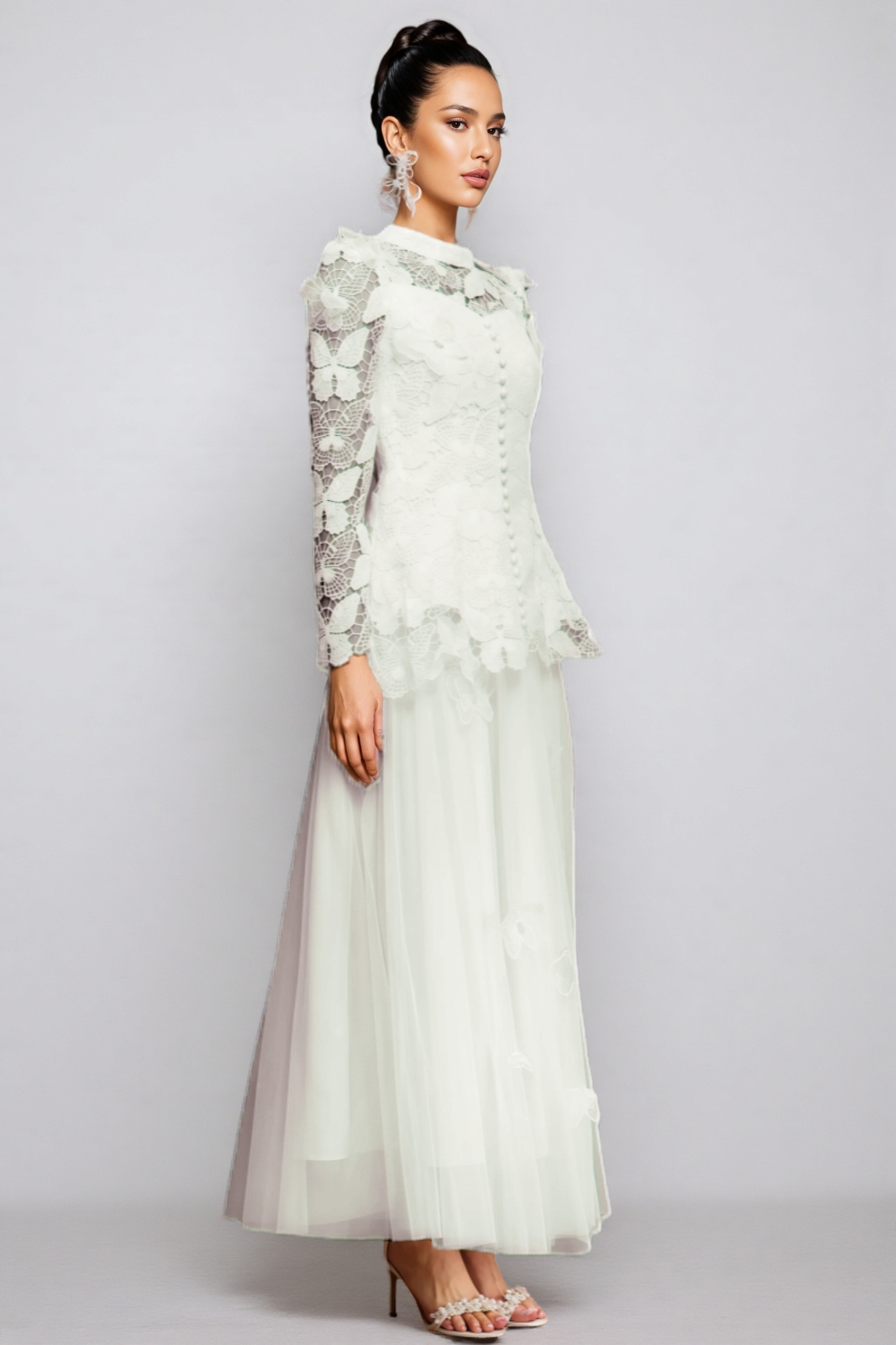 Greetk Folds Lace Butterfly Top Maxi Dress Two-Piece Set