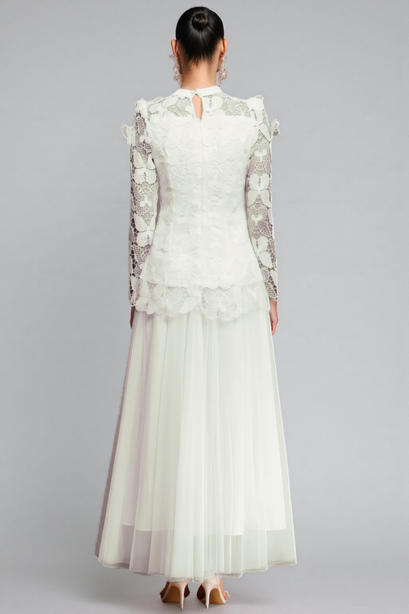 Greetk Folds Lace Butterfly Top Maxi Dress Two-Piece Set