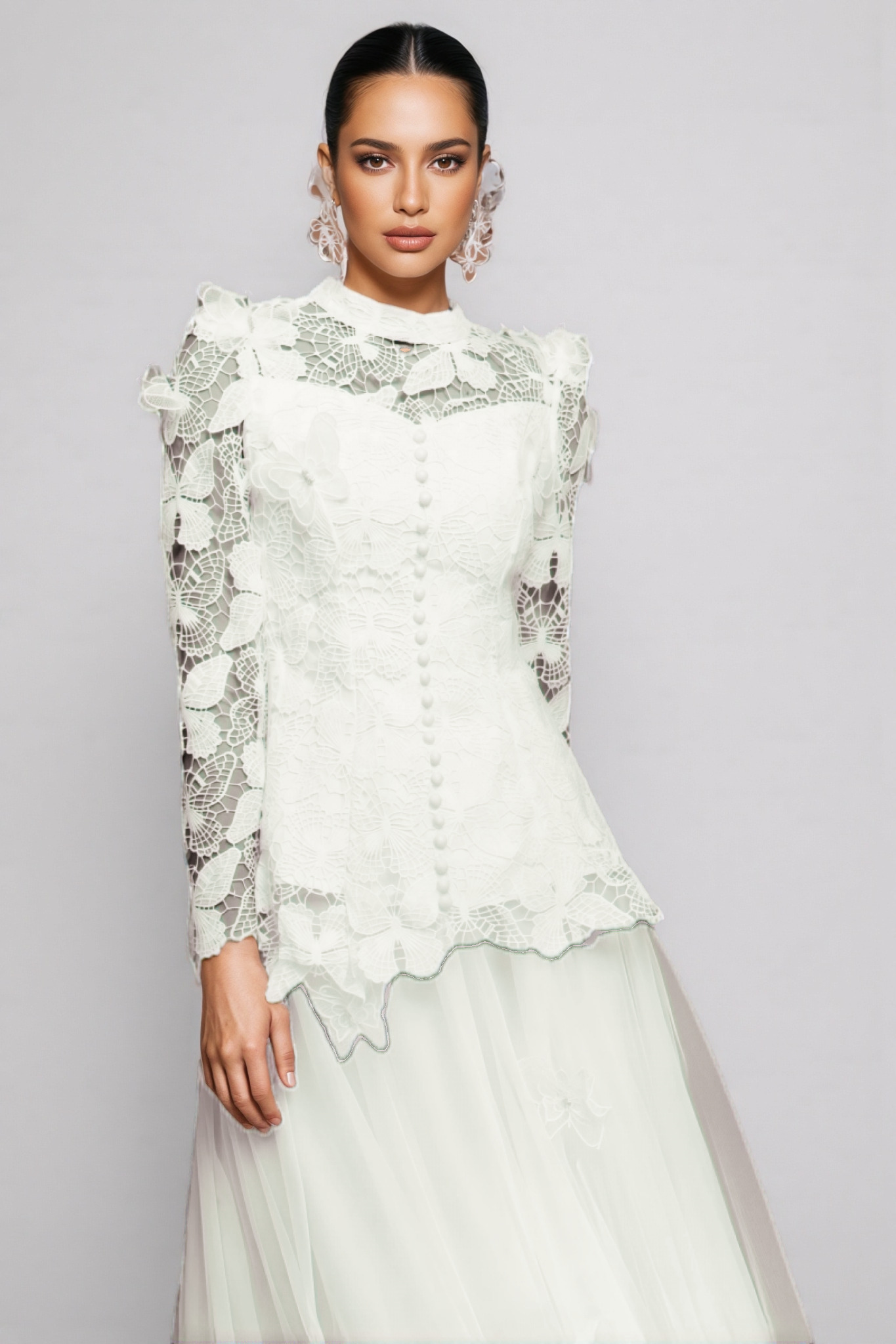 Greetk Folds Lace Butterfly Top Maxi Dress Two-Piece Set