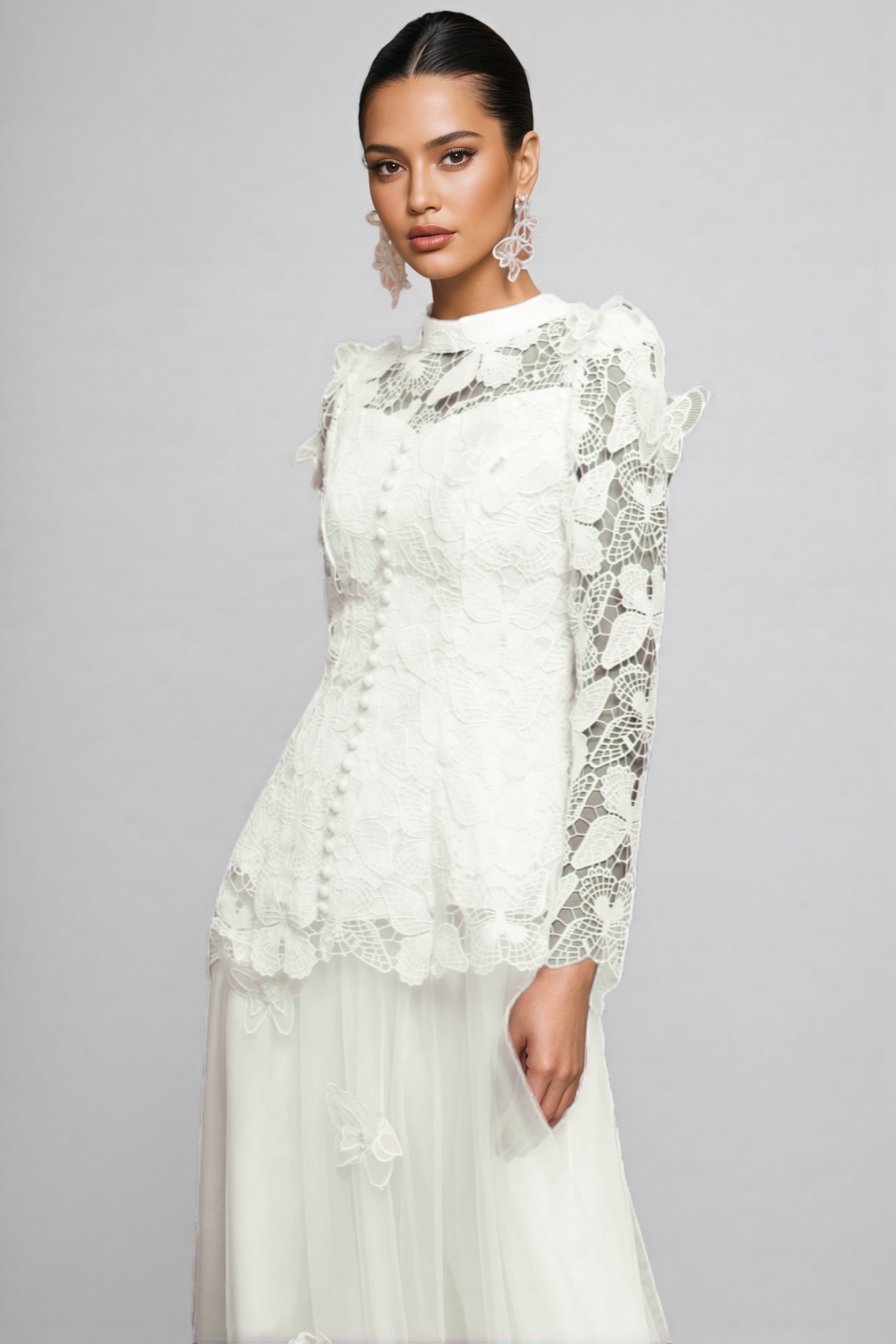 Greetk Folds Lace Butterfly Top Maxi Dress Two-Piece Set