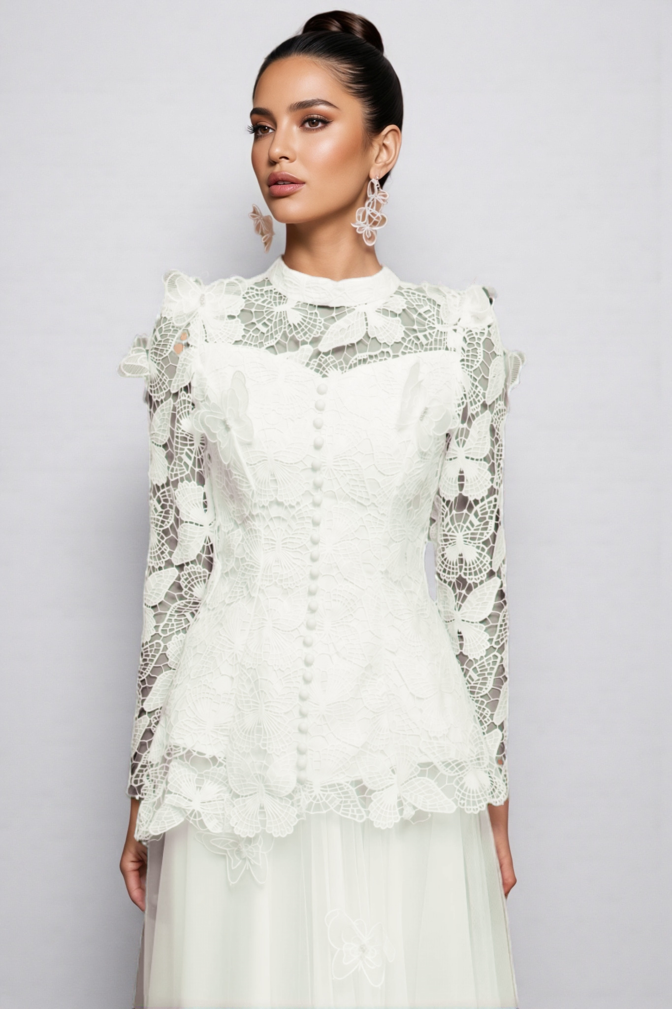 Greetk Folds Lace Butterfly Top Maxi Dress Two-Piece Set