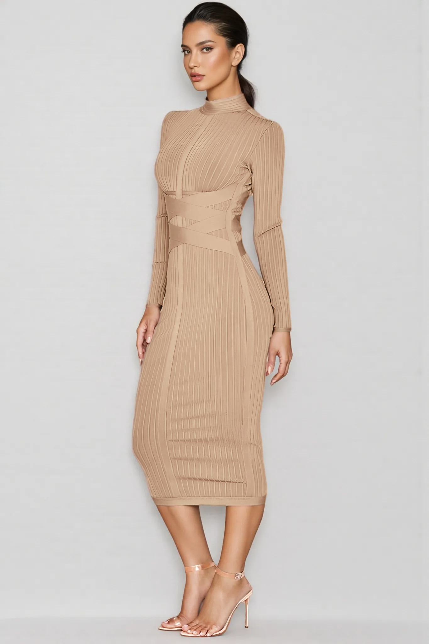 Layra Solid Colour Stand Collar Midi Dress-Brown
