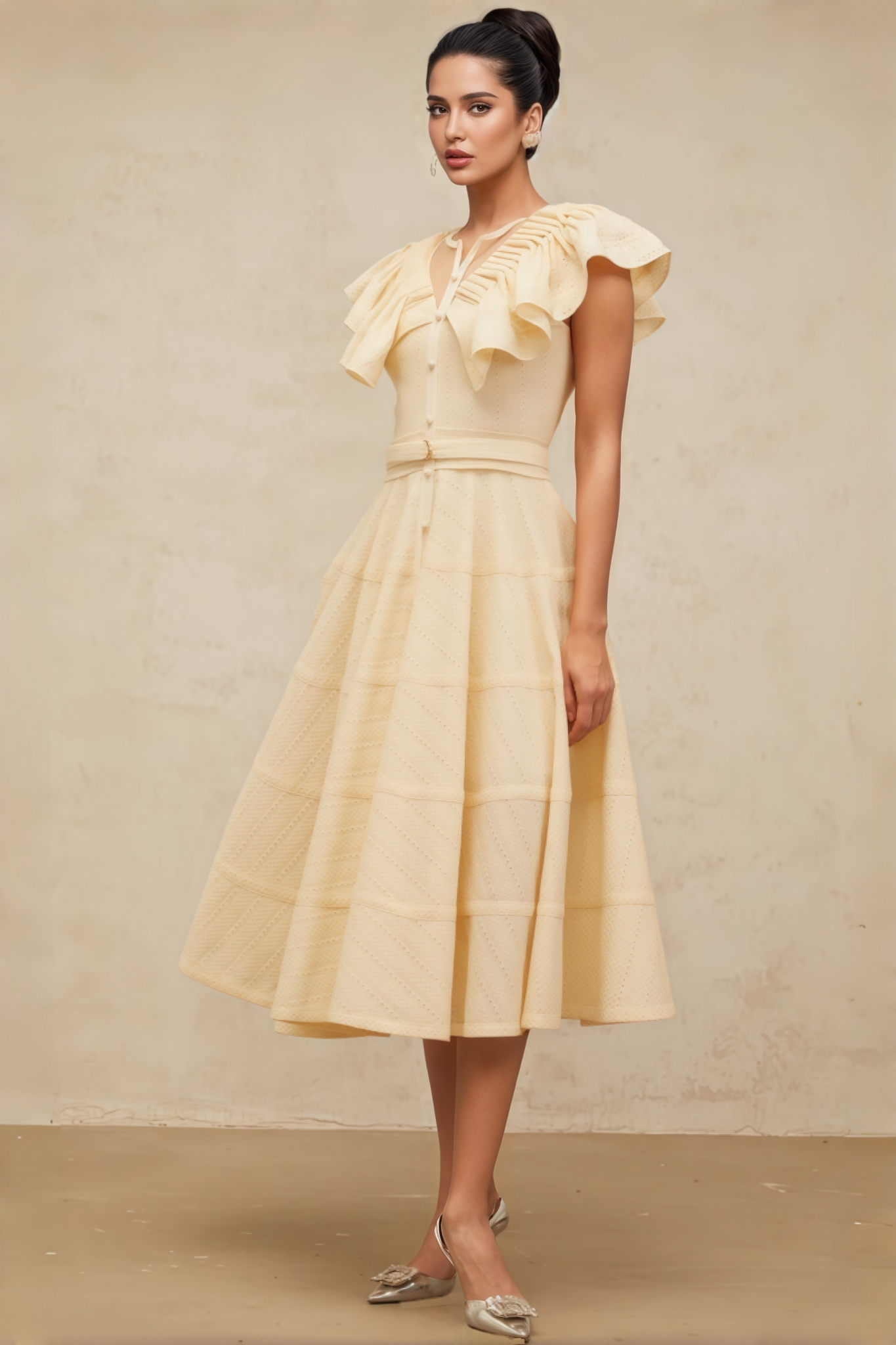 Bren Ruffle V-Neck Midi Dress