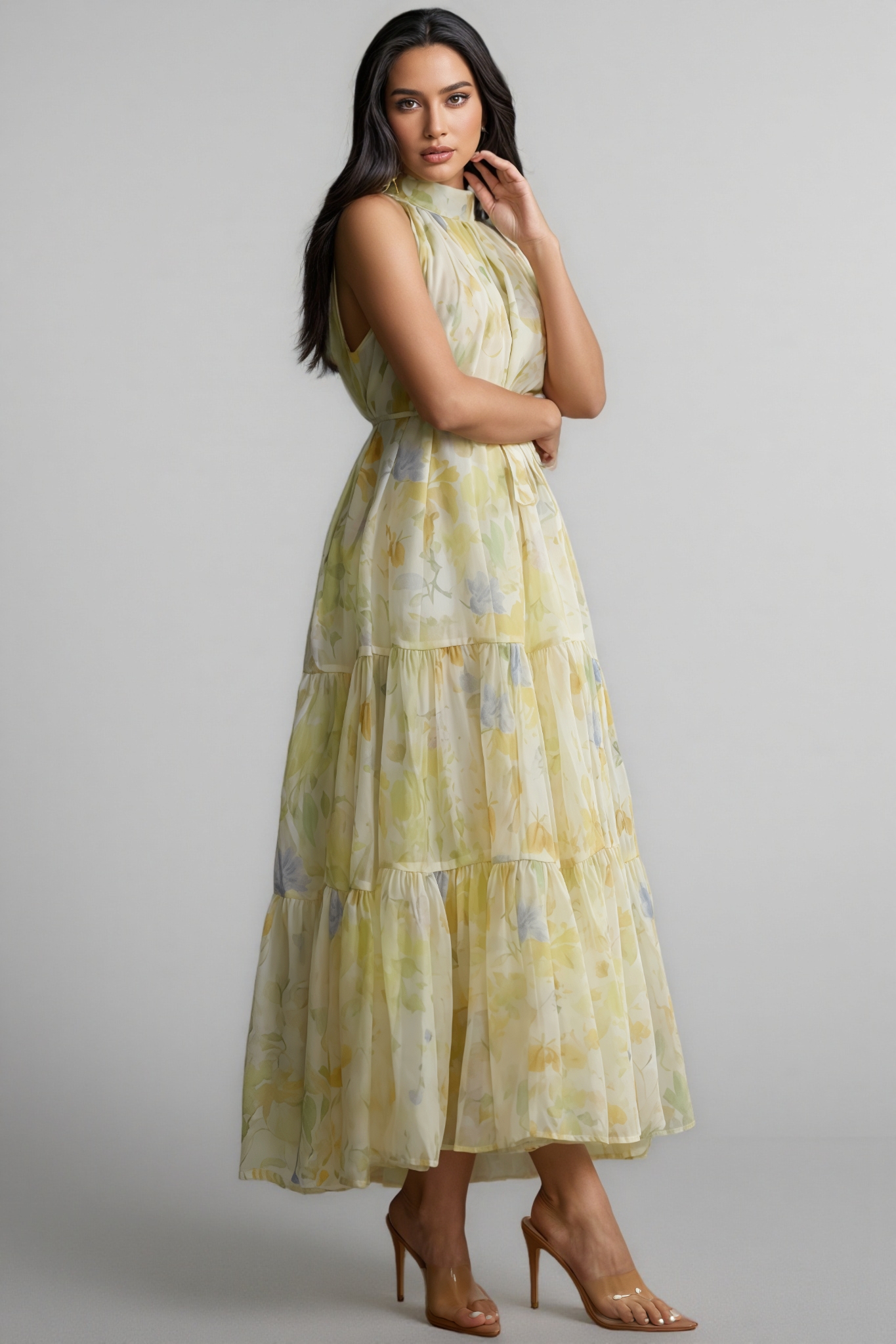 Thornty Yellow Printed Sleeveless Maxi Dress