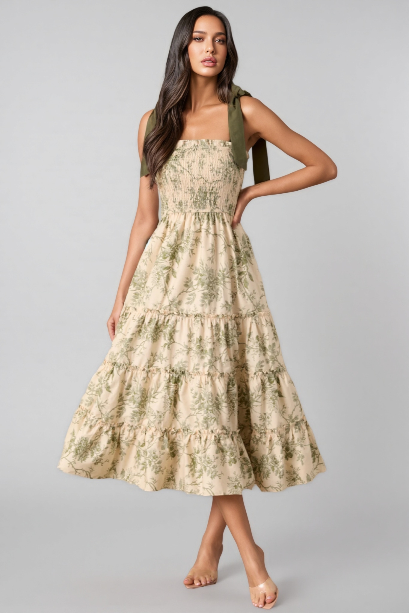 Manua Ivory Green Floral Midi Dress