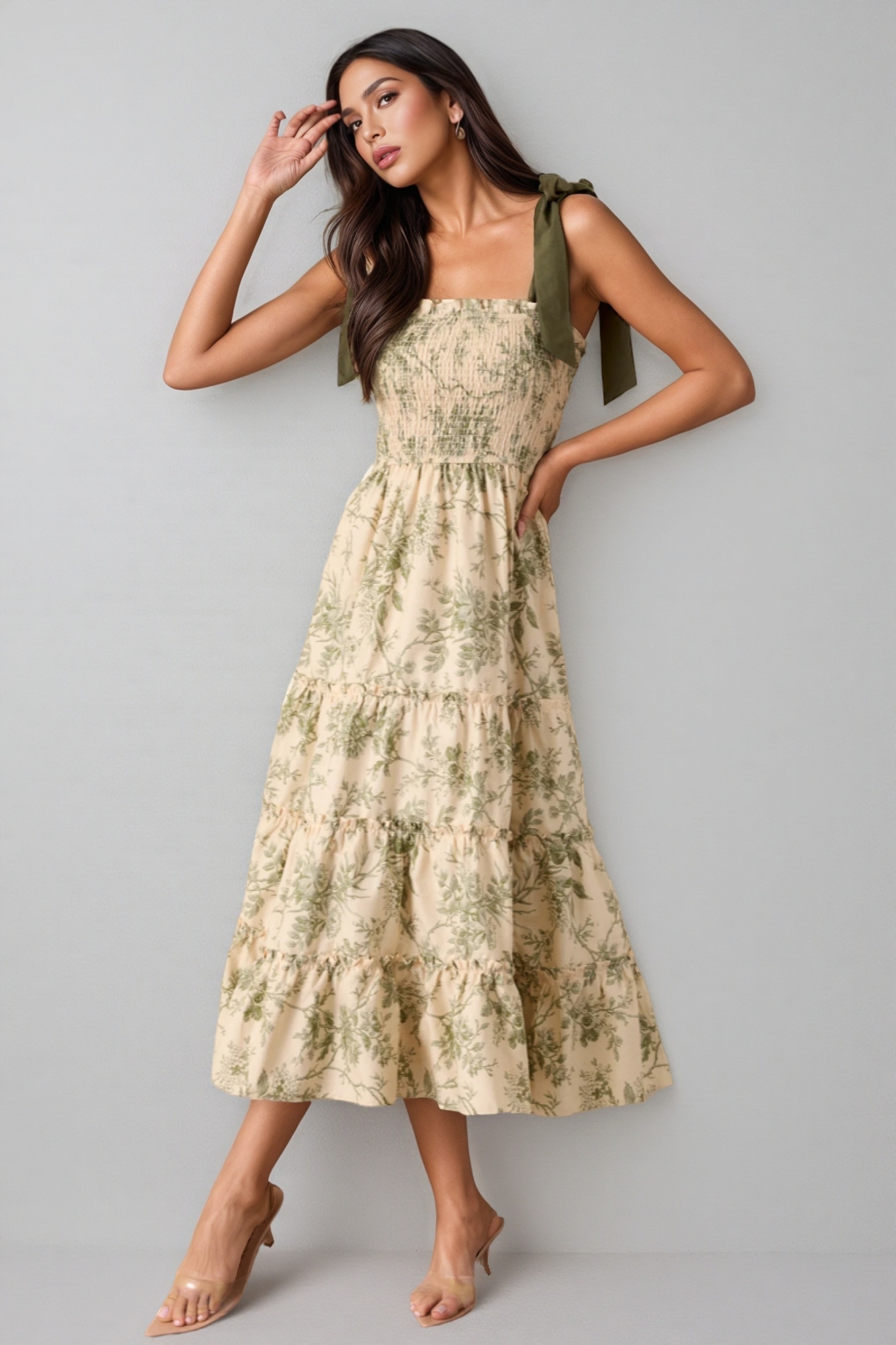 Manua Ivory Green Floral Midi Dress