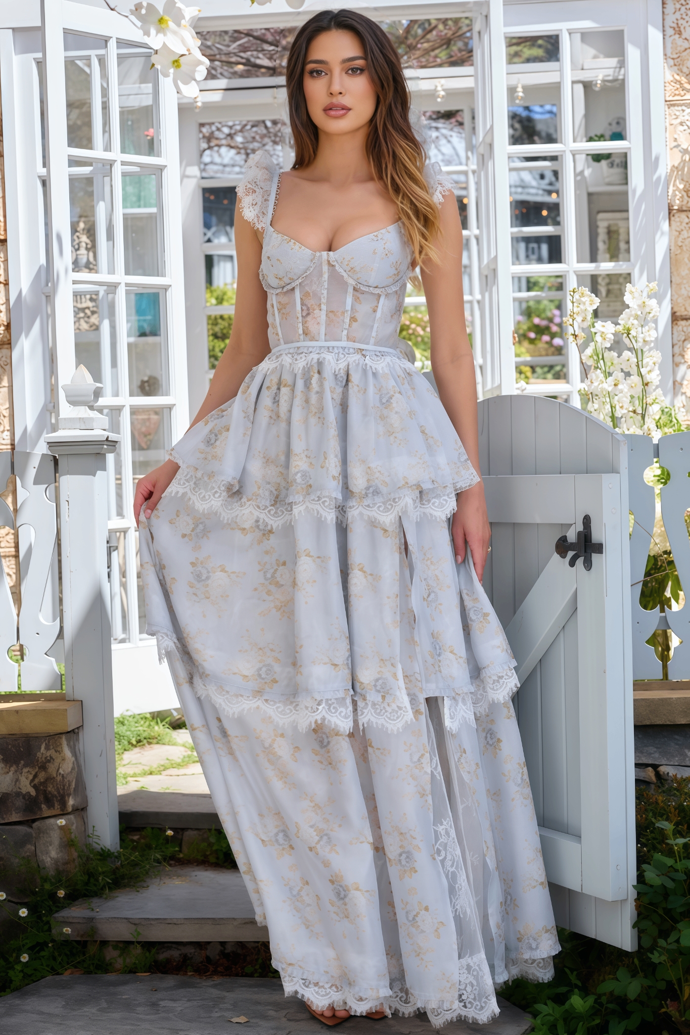 Brion Blue Lace Print Maxi Dress