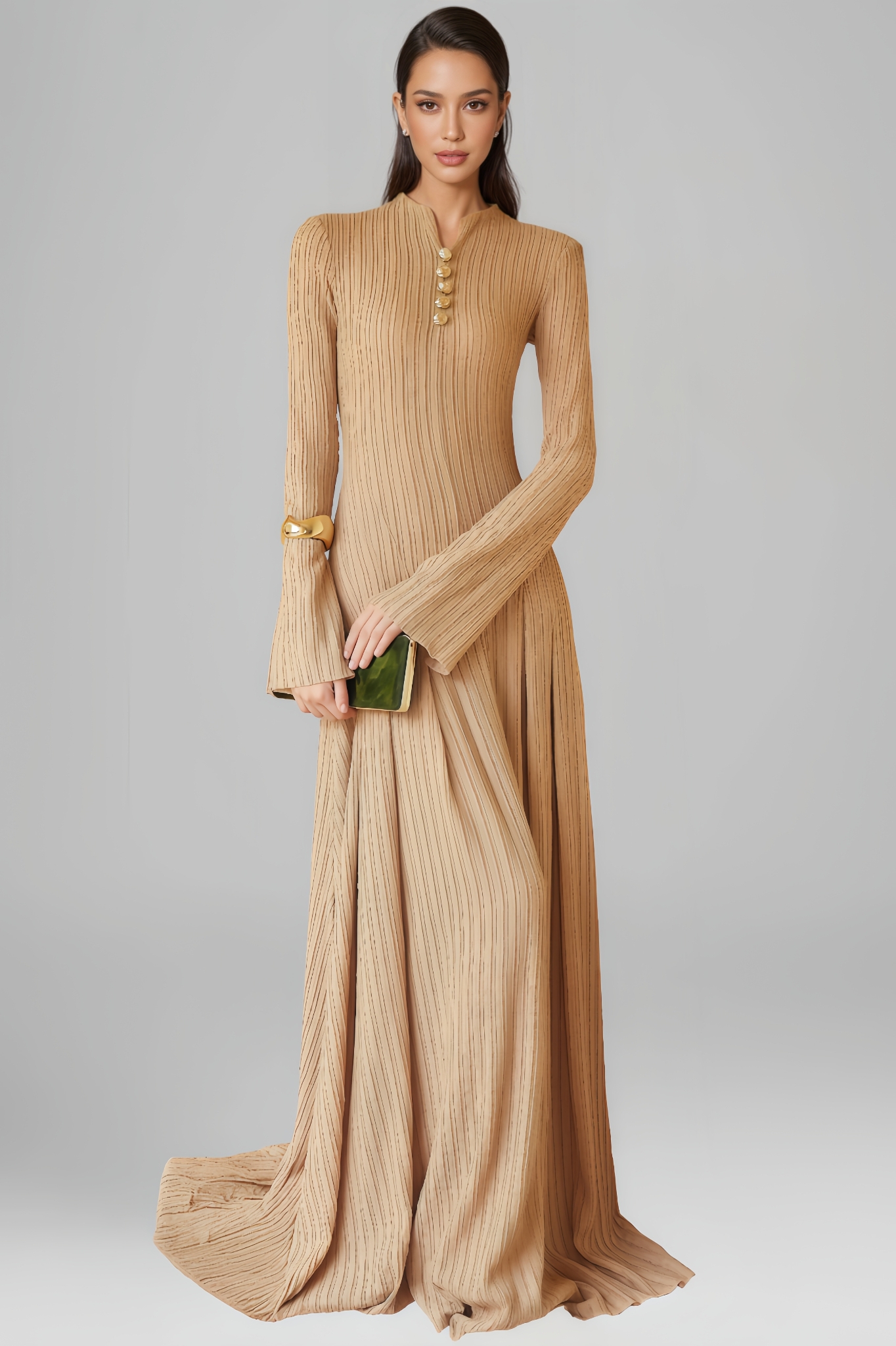 Onika Metal-Embellished Bell-Sleeve Maxi Dress