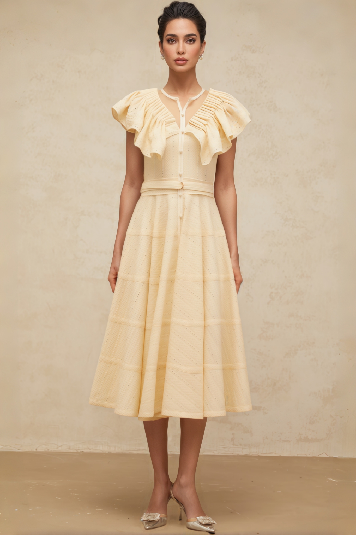 Bren Ruffle V-Neck Midi Dress