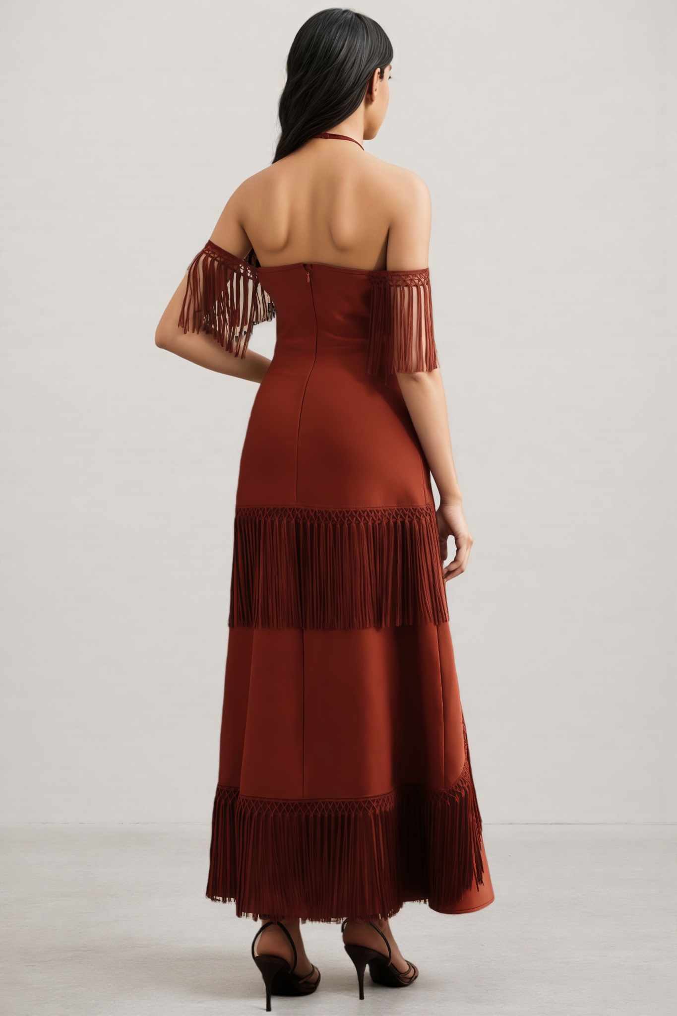 Perra Hanging Neck Fringe Maxi Dress