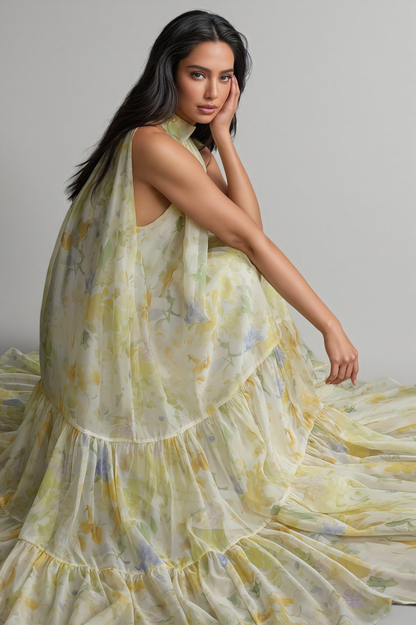 Thornty Yellow Printed Sleeveless Maxi Dress