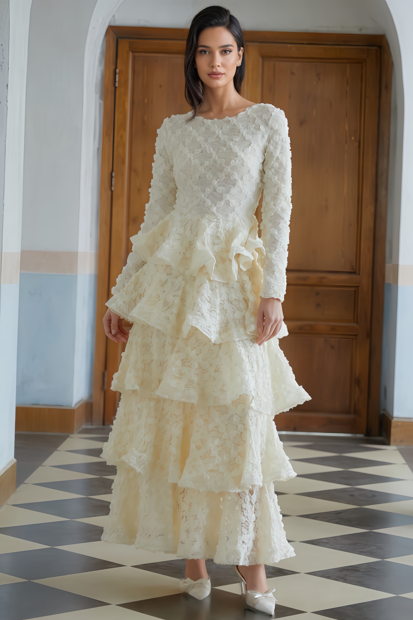 Corek Neutral Tiered Floral Lace Maxi Dress